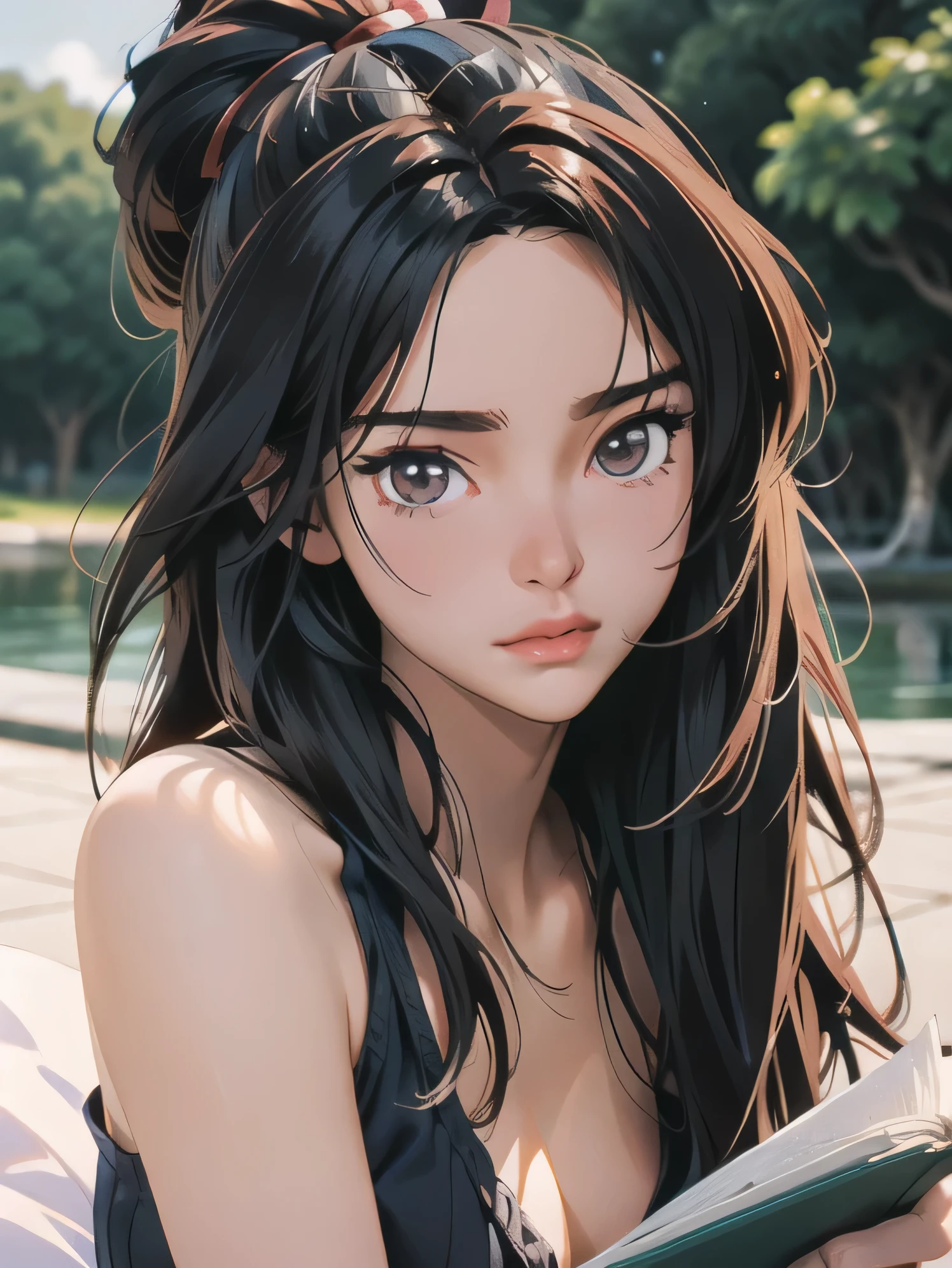 a woman sitting on a dock reading a book, a photorealistic painting, by Yang J, trending on cg society, fantasy art, wearing a sexy cropped top, anime girl cosplay, cottagecore!! fitness body, asian girl with long hair, yoko matsugane as mai shiranui, young skinny gravure idol, (close up shot:1.4)