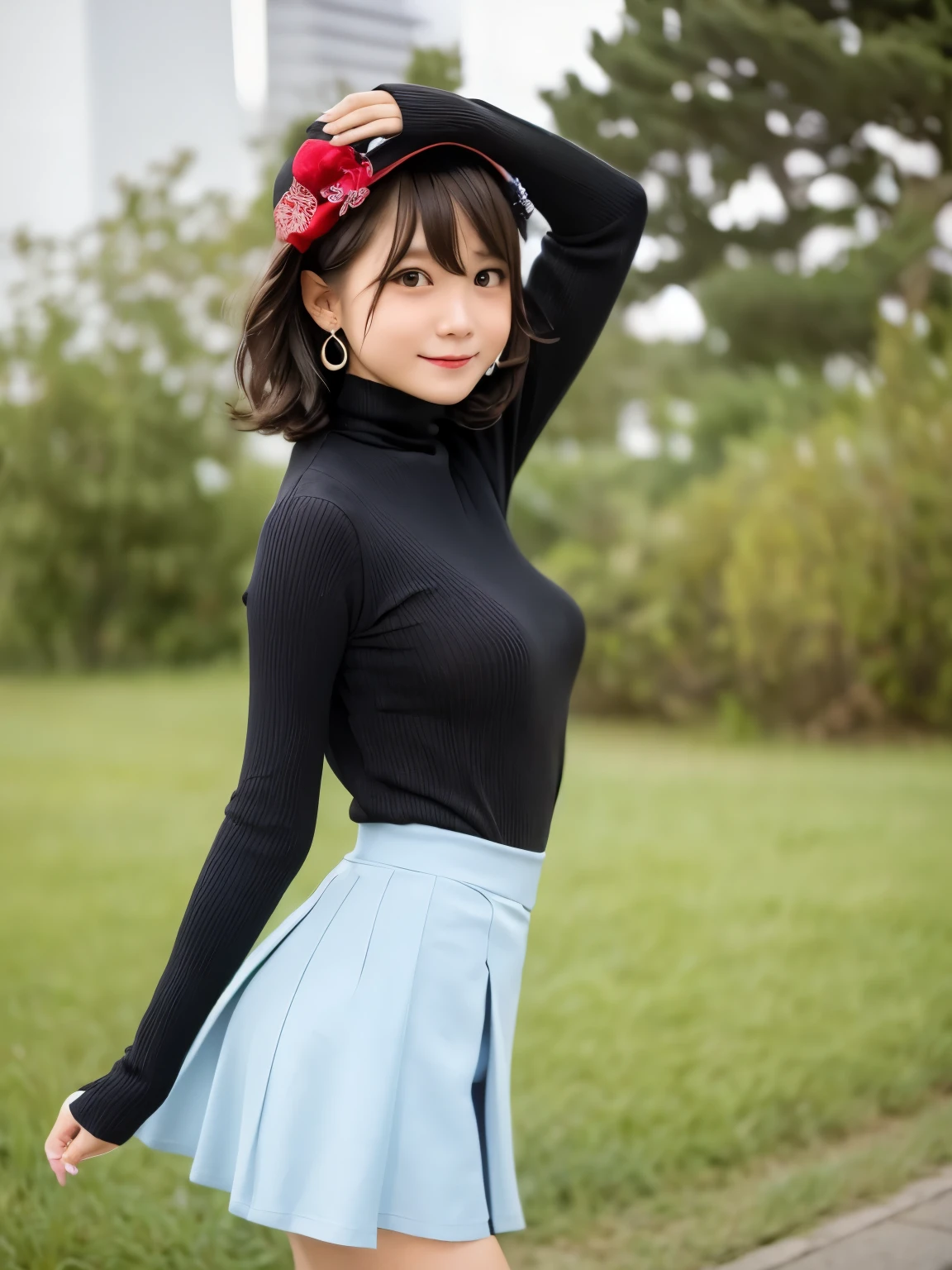 woman, 20-year-old, short black wavy hair、bangs、plump nipples、(White Turtleneck Knit)、(blue long skirt), black stocking dium milk, cute smile、((Pose that emphasizes the buttocks、looked back))、sexy hips、black high heels、big necklace、((((the wind blew my skirt, expose my panties...))))、(Light blue lace panties)、cute earrings、(tilt your head a little)