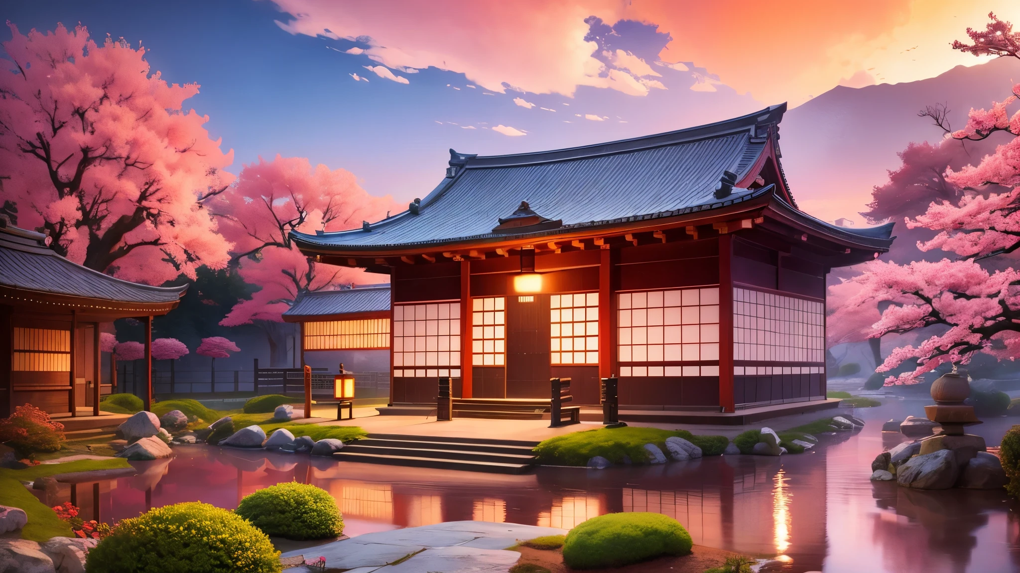 ancient japan, beautiful sakura trees with pink flowers, ancient japanese style houses, 4k realistic, natural beauty, Orange sky, Sunset, best colors, 4k, masterpiece, 8k, pink leaves, orangish-red sky, house in midst of a lake, pagoda type house, brilliant sky, with hyper realistic clouds, less pink color