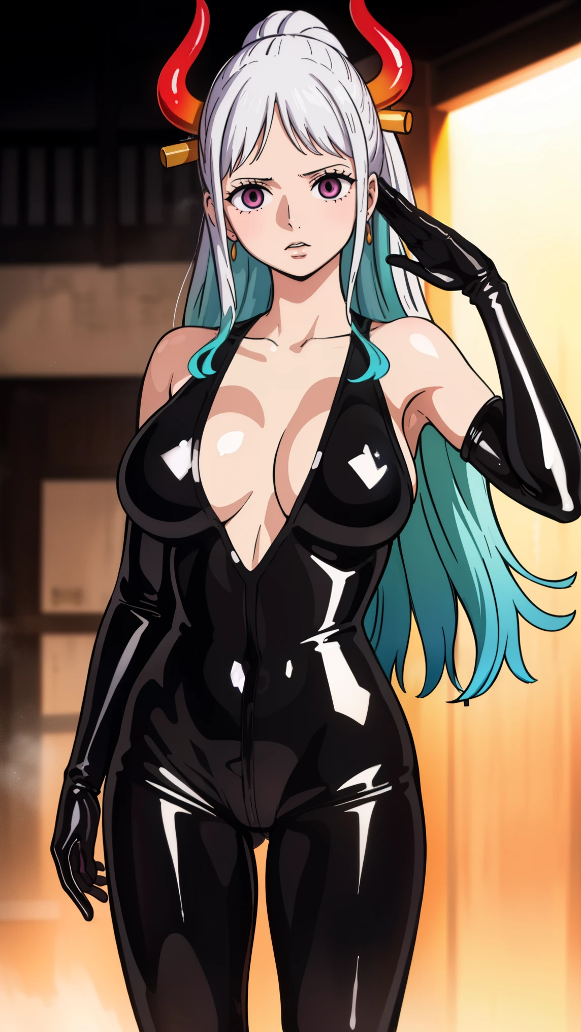 1 girl,NSFW,Nico Yamato,(one piece),clavicle, absurd, brainwashing,Combatant, empty eyes,((purple glowing eyes 1.5)),  (huge breasts 1.8), No expression, emotions removed,((black latex tight bodysuit)),avert your eyes , whole body shape, ((stand up、salute)),(highest quality、4k、8k、High resolution、must have:1.2)、Super detailed、(reality、It&#39;s realistic、realistic:1.37)、ticker、hyper hd、studio lighting、ultra definition paint、sharp focus、Physically based rendering、extreme details、Professional specifications、vibrancy and color、blurry、sports portrait、landscape、horror style、anime big breasts、SF、photograph、concept artist、five fingers, perfect body,  {{{masterpiece}}}, {{{highest quality}}}, {{Super detailed}}, {shape}, {{very delicate and beautiful}},Improved cost performance、all roles、Canon 5D MK4でphotograph、photograph, 