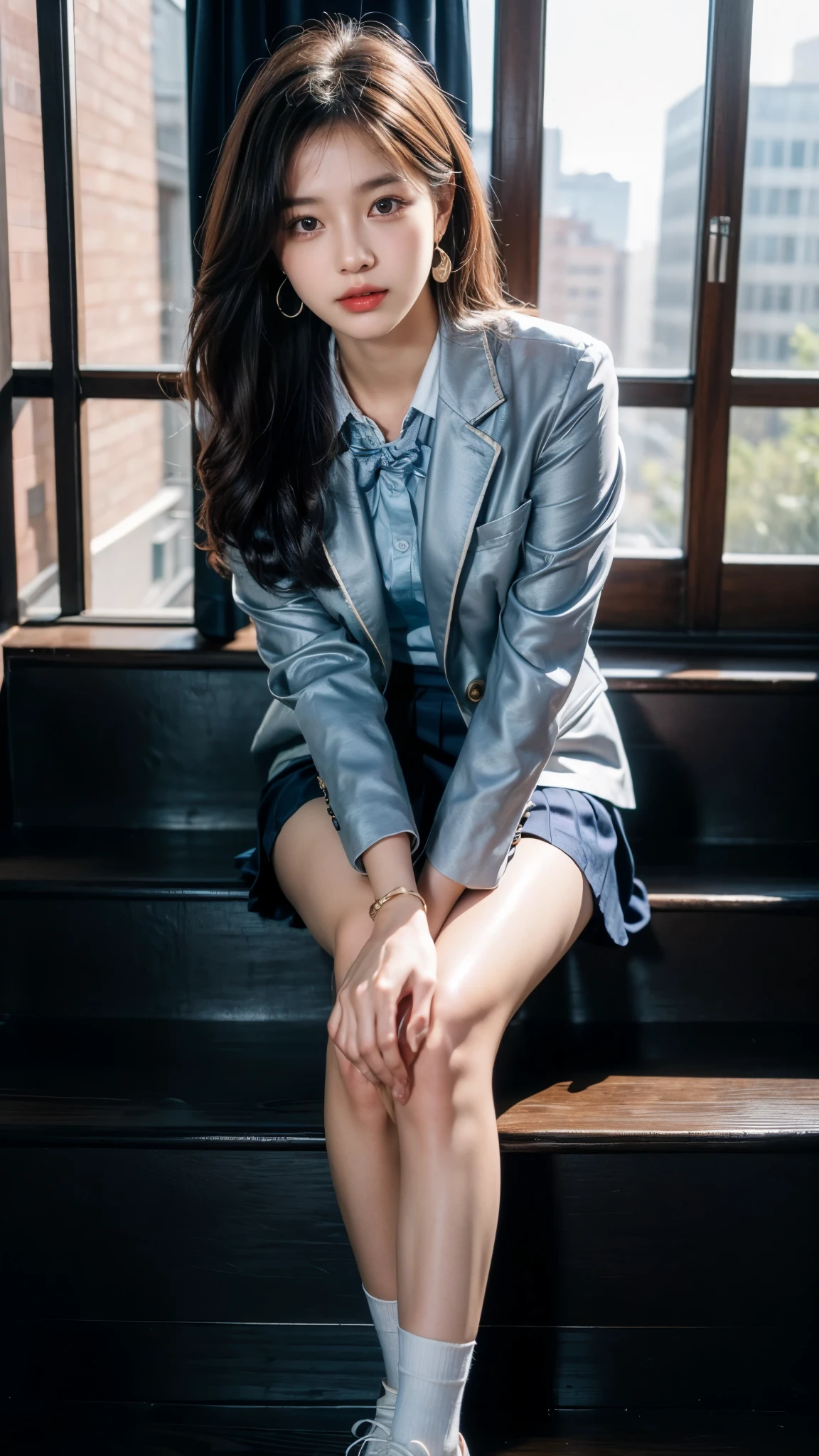 (Pure and cute Chinese college student 1.5), (20 years girl student), 8K, Masterpiece, RAW photo, Best quality, Photorealistic, Extremely detailed CG Unity 8K wallpaper, Depth of field, Cinematic light, Lens flare, Ray tracing, (Extremely beautiful face, Beautiful lips, Beautiful eyes), intricate detail face, ((ultra detailed skin)),(true to life,Photorealistic 1.8),((best qualtiy, 8K, tmasterpiece:1.3)),SLR camera (double eyelid,largeeyes:1.3),(smile1.5),(Full body photo 1.5)(One person 1.5)Clear focus 1.2, Perfect body beauty:1.4 , Delicate skin1.1,(Short silver-white hair 1.6),(Delicate makeup1.4),(Pure desire 1.3)(Black pantyhose 1.5)(The leg length is one meter two,1.5),Hair is slightly curled,Black hair, ((College Uniform silky Cyan blazer and silky navy blue Knee length skirt)), Bow knot,silky Navy Blue knee length Skirt, Slender legs,canvas Matty Black shoe,With earrings,Wristband jade bracelet,Standing in luxury Steps, 4 different poses, both hands playing with hair , beautiful knees , no need extra legs, no need extra hands, no need extra fingers, do not show panty, do not expose, no need stockings, no need full thighs show.