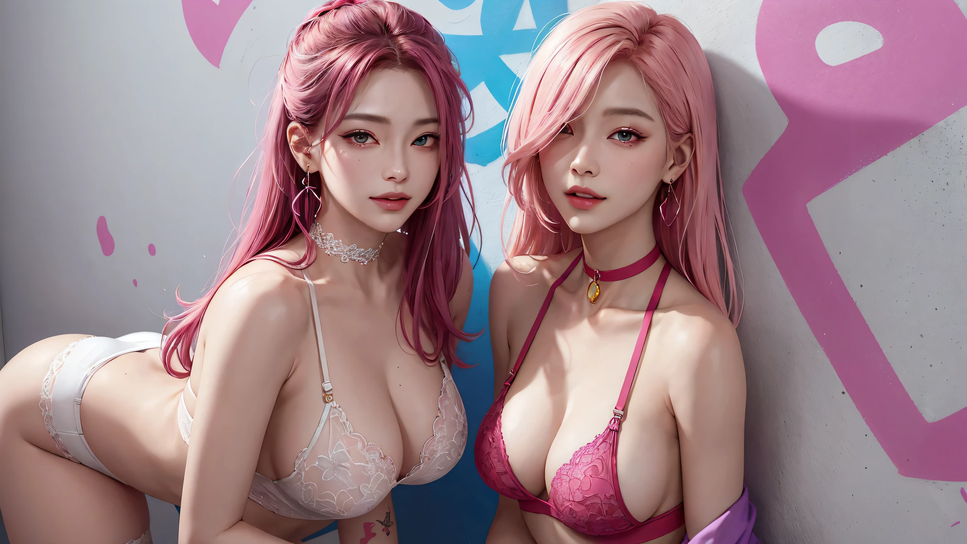 (Masterpiece, best quality, 1 girl, alone, complicated details, Chromatic aberration), realistic, ((Moderate breath)),long hair, pink hair, Red headpiece, Pink Highlights, hair on one eye,purple eyes, earring, sharp eyes, choker, Neon coat, She wears a collar, bangle, and kimono style garters., crop top, (symmetrical eyes),(Perfect symmetrical body),against the wall, Brick wall, (colorful graffiti words on the wall:1.2), The light is dim., alley ,Look at the viewer.、Dig the chest、Sexy poses、smile、(sleeveless、The navel is exposed、Fitted turtleneck.)、street string hot pants、small breasts、Between the legs、small ass、Thin bottom、Please build above the eaves..、Thin shoulders、in underwear、