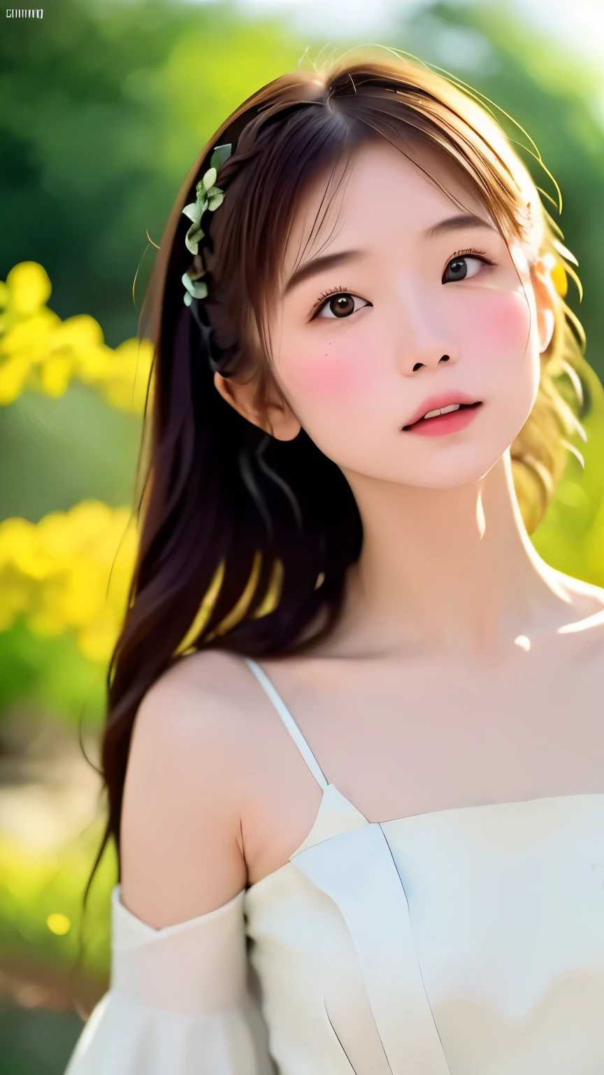 realistic, High resolution, soft light,1 female, １６Year、small breasts、Japanese、alone, waist rises higher, glowing skin, (detailed face),jewelry, brown hair,french braid、white_dress、お洒落なdress、flower garden,(dynamic angle:1.1),wonderful,Soft and warm color palette, delicate brushstrokes, Targeted use of light and shadow, wide shot,The deliciousness of wilted flowers,high contrast,color contrast,Masseter muscle part:1.3