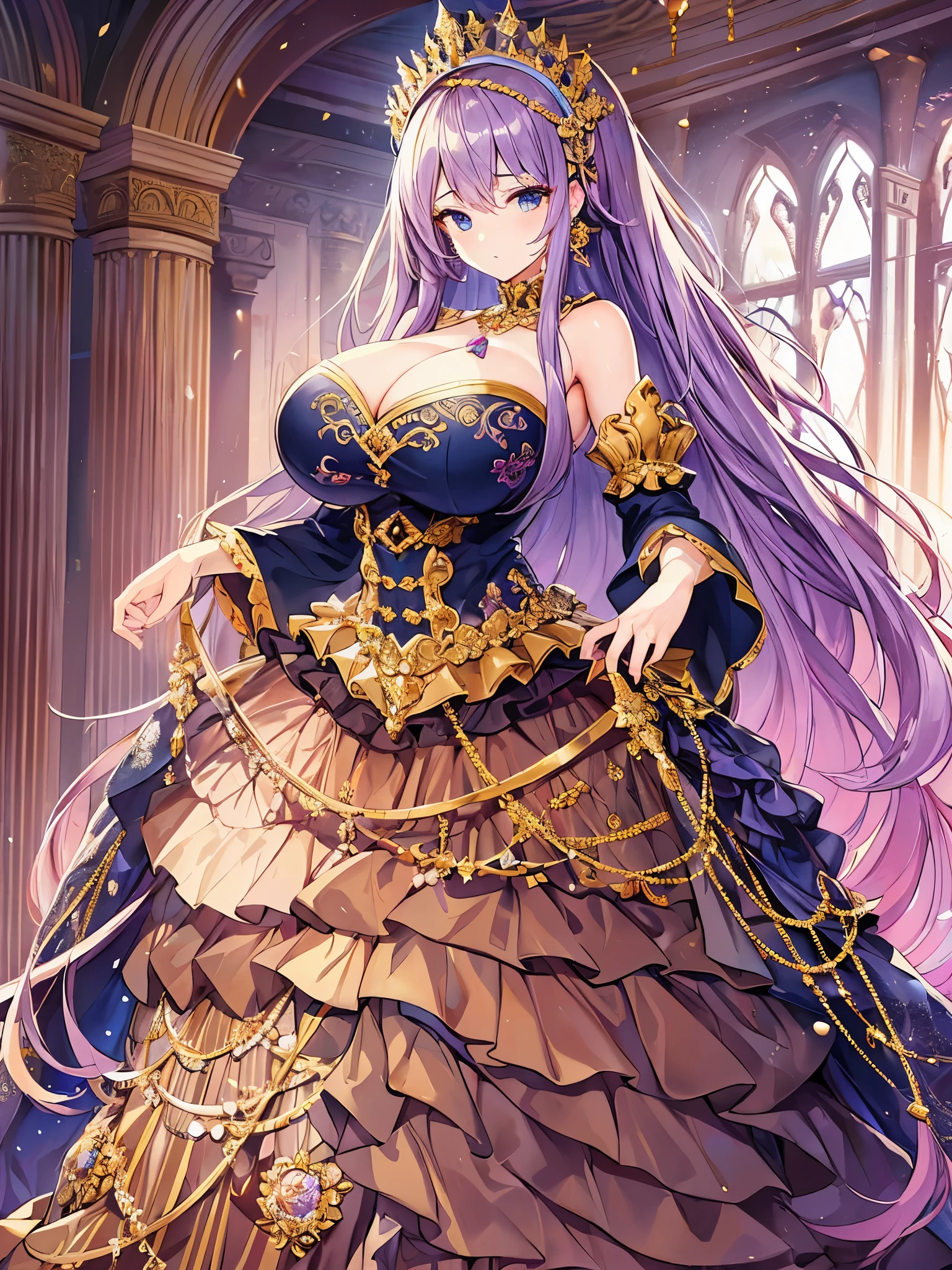 ((anime artstyle)),(((absurdres, Full-HD))),(Masterpiece),(Best Quality),(Super Detail),((Very Delicate and Beautiful)),cinematic lighting,Solo,full body,((full body shot)),((1 gorgeous bling-bling princess)),detailed face and eyes,jewel-like eyes,((((absurdly gigantic tits)))),(((cleavage,curvy))),Skindentation,((fantasy castle,outdoor)),((crinoline,long train)),super detailed gorgeous princess rococo ballgown with voluminous full length hoop skirt and long train,((bling-bling gorgeous rococo ballgown with beautiful embroidery and jeweled)),((large amount of straight hair, absurdly long hair,Very Long Straight Hair)),extremely gorgeousfull hair ornament,(bling-bling extremely gorgeousfull jeweled tiara),luxurious jewelry,full body shot,((bling-bling gorgeous rococo ballgown with voluminous full length hoop skirt))