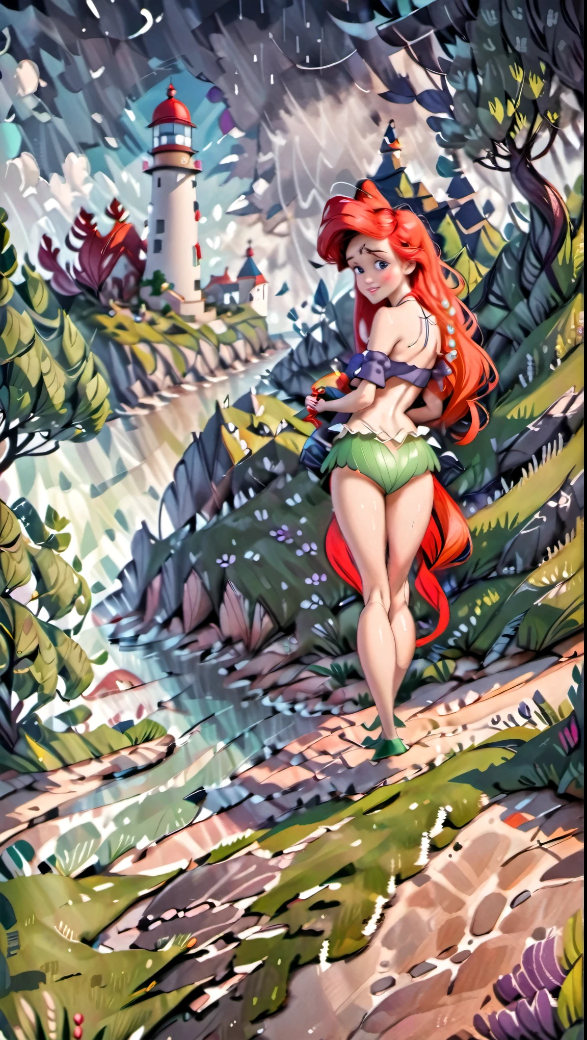 (1girl, solo:1.2, (girl is sexy pose, from behind) ), (girl is wearing a leaf bikini, (redhead long hair), (detailed olive eyes, face), (healthy body)), (background, enchanted forest, waterfall, flowers), (full body)