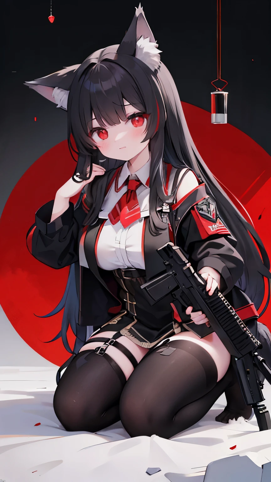long black hair,Wolf-eared maiden,wolf tail,red eyes,Tactical bomb hanging,holding assault rifle