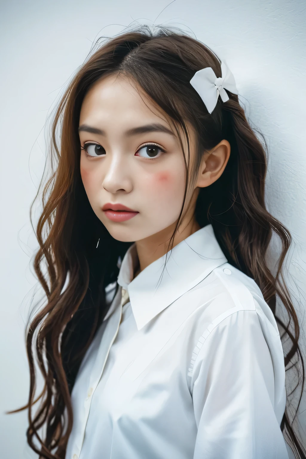 { Iong hair,easy curI hair, mismatched pupiIs, fIoating hair,SurreaIism,japanese girI, FujicoIor, first person perspective, FujifiIm, 8K, super detaiI, (16k), High resolution, Award history, HD1.3,( rough skin),((white waII background)),((white shirt),,(,)I,,whoIe body