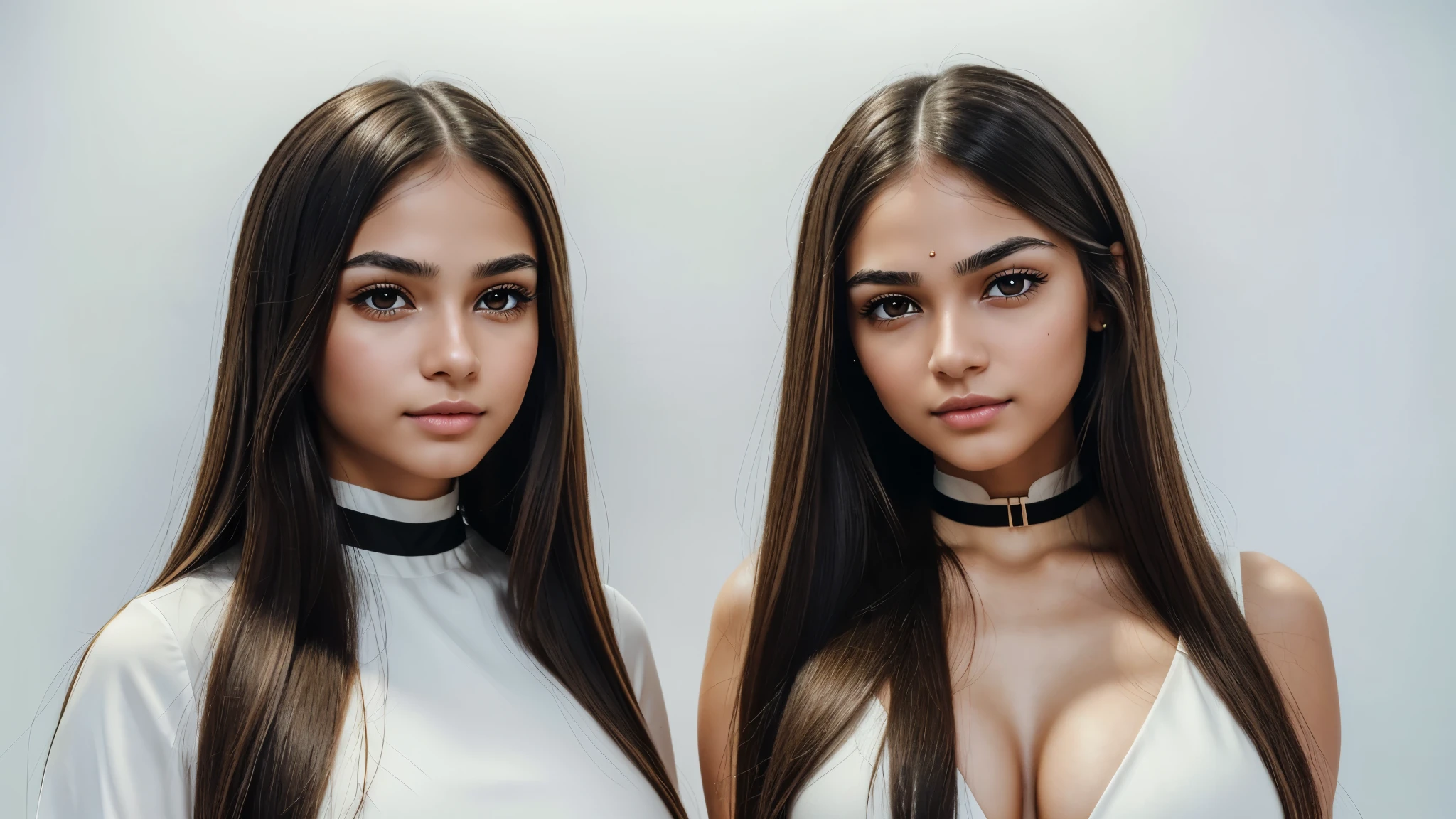 ((Beautiful) 2 attractive cute young women), very_cute, choker, (big breasts:1.4), (small_nose:1.2, thin_nose:1.5, delicate_nose:1.5, pointed_nose_tip:1.5, symmetric_nose), round_chin:1, short_jaw:1, round_jaw:1, long_hair, straight_hair, (brown_eyes:1.5, mahogany_brown_eyes:1), cheek_dimples:1.3, round_cheeks:1.2, (very_small_eyebrows:1.5), (Masterpiece, 8K, best quality, highres:1.5), cowboy shot:1.5, looking_at_viewer:1.5, body_looking_at_viewer:1.5, black_photoshoot:1, white_room:1, white_backdrop:1.5, standing, provocative_body_posture:1.5, flirting_facial_expression, wearing white_straplesini_dress), short_woman, small_woman, skin_texture:1.2