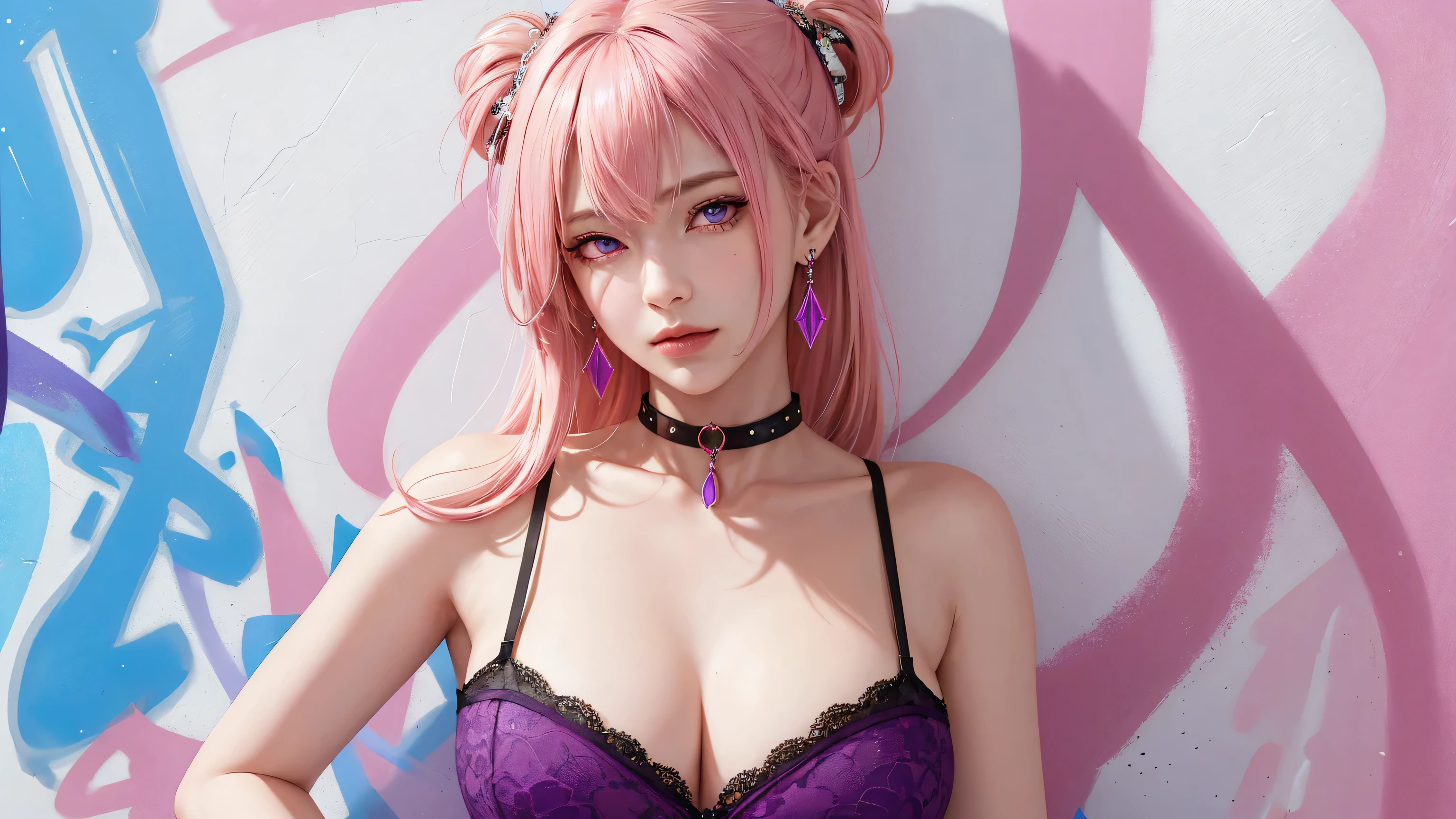 (Masterpiece, best quality, 1 girl, alone, complicated details, Chromatic aberration), realistic, ((Moderate breath)),long hair, pink hair, Red headpiece, Pink Highlights, hair on one eye,purple eyes, earring, sharp eyes, choker, Neon coat, She wears a collar, bangle, and kimono style garters., crop top, (symmetrical eyes),(Perfect symmetrical body),against the wall, Brick wall, (colorful graffiti words on the wall:1.2), The light is dim., alley ,Look at the viewer.,