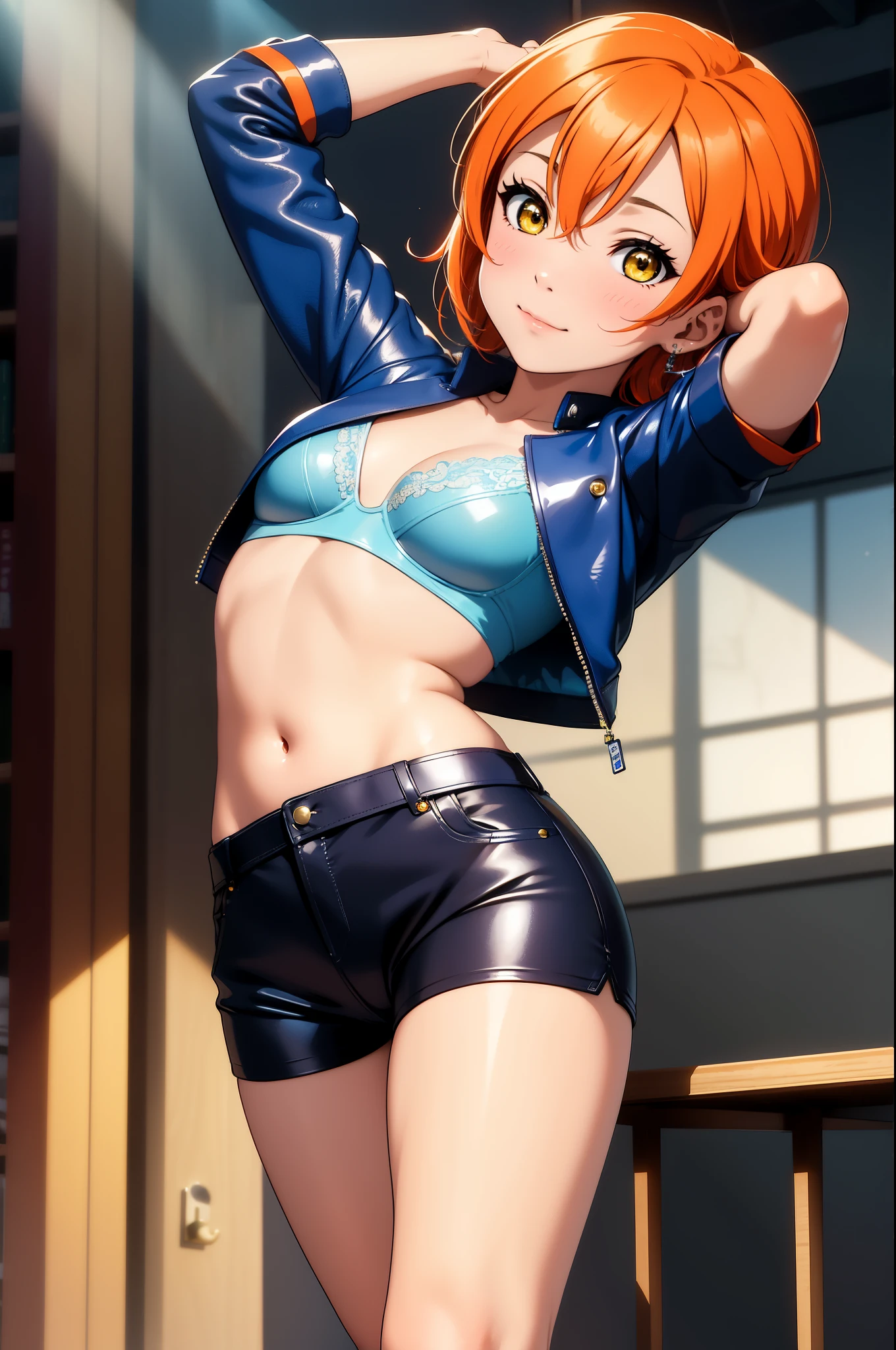 (Masterpiece, Best Quality, High Quality), facing viewer,volumetric lighting, illustration, beautiful, tight , Blushing, looking at viewer, blue leather bra top, blue leather small jacket, blue leather shorts,solo, posing for picture, seductive, arms up behind head,perfect lighting, perfect shadows,Hoshizora rin, orange hair, yellow eyes 