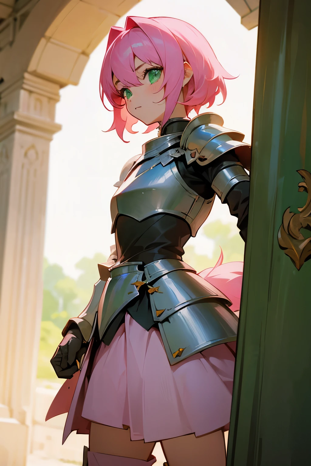 Cute boy, pink hair, green eyes, knight armor, Femboy, My daughter