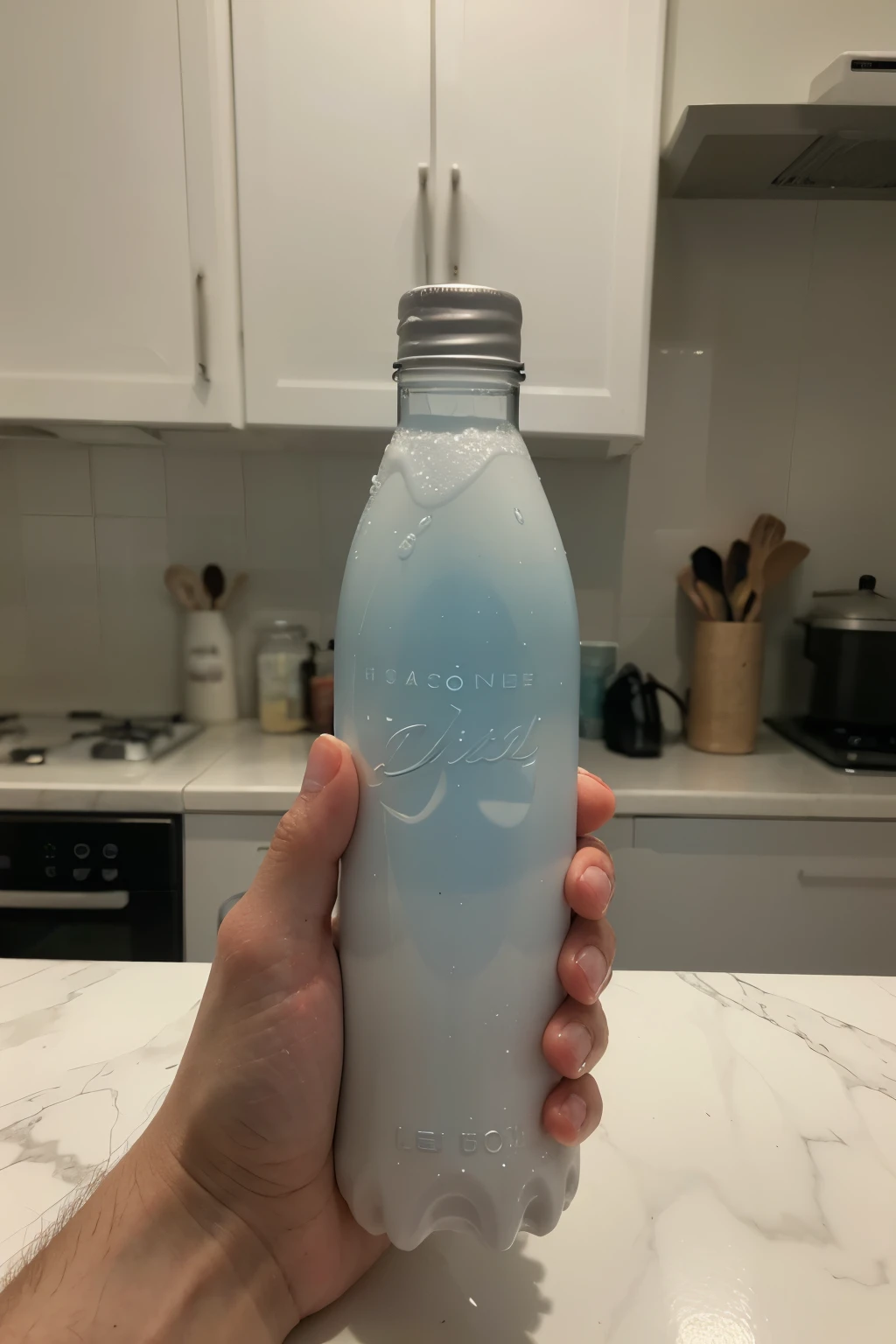 ((best quality)), ((masterpiece)), (detailed), (photorealistic), photo of a plastic water bottle held in a woman's hand in front of kitchen counter. The bottle is half full with a light blue liquid