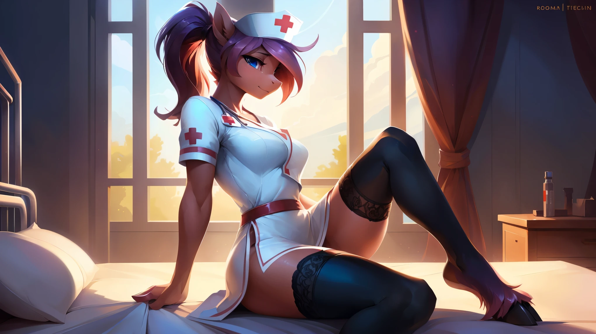 uploaded on e621, by Bayard Wu, by Thomas Benjamin Kennington, by Einshelm, solo anthro, ((Portrait)), ((Wear a nurse uniform, open medical gown)), (white stockings, lacy lingerie), (detailed Bonifasko lighting), (Detailed fur), (detailed skin), (Cinematic lighting), ((Detailed background, hospital room)), (half body shadow), [ambient light on the belly], [explicit content], [sharp-focus], (shaded), blue eyes, (pink hair in a bun), Average Breasts, pectoral muscles, Fluffy pony, MLP, My Little Pony, (Nurse Redheart), white skin, fluffy tights, fluffy chest, furry fantasy art, anthro art, commission for high res, Furry art, pov furry art, Sakimichan is beautiful, Masterpiece, Best Quality, Detailed image, Bright colors, Detailed Face, perfect  lighting, Perfect shadows, Perfect eyes, focus on girl, flawless face, gorgeous body, Hourglass body, feet focus (hooves in stockings), ((separate legs)), ((perfect anthro legs)), Fluffy, fluffy girl, Body fur, 1girl, full body, Detailed fur, Balanced coloring, ((Long mane, pony tail)), Furry, (attractive body:1.5), perfect legs, (hooves in stockings), {(sits on bed seductively:1.3)}, into the lust, arousal 