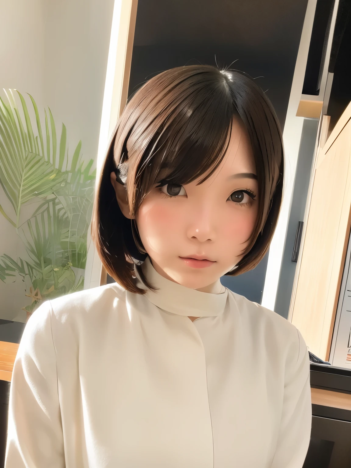 masterpiece, 1 beautiful girl, fine eyes, eye swelling, highest quality, Ultra High resolution, (reality: 1.4), original photo, 1 girl, cinematic lighting, Japanese, asian beauty, Korean, so beautiful, beautiful skin, thin, body facing forward, (超reality的な), (High resolution), (8k), (very detailed), (best illustrations), (beautiful detailed eyes), (Super detailed), detailed face, looking at the viewer, look straight ahead, neat clothes, No sleeve, short hair, black hair, 46 point diagonal bangs, white background, neat room,