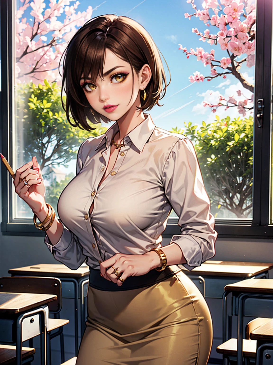 ((1woman, solo, alone, very short hair, yellow eyes, brown hair, tomboy, ((choppy pixie)), big breasts, beige suit, beige pencil skirt, satin blouse, black blouse, five white, amethyst earrings, gold bracelet, wedding ring, pink lipstick, smug )), ((teacher, classroom background, business background, windows, sunny day, bushes, trees, flowers, classroom))