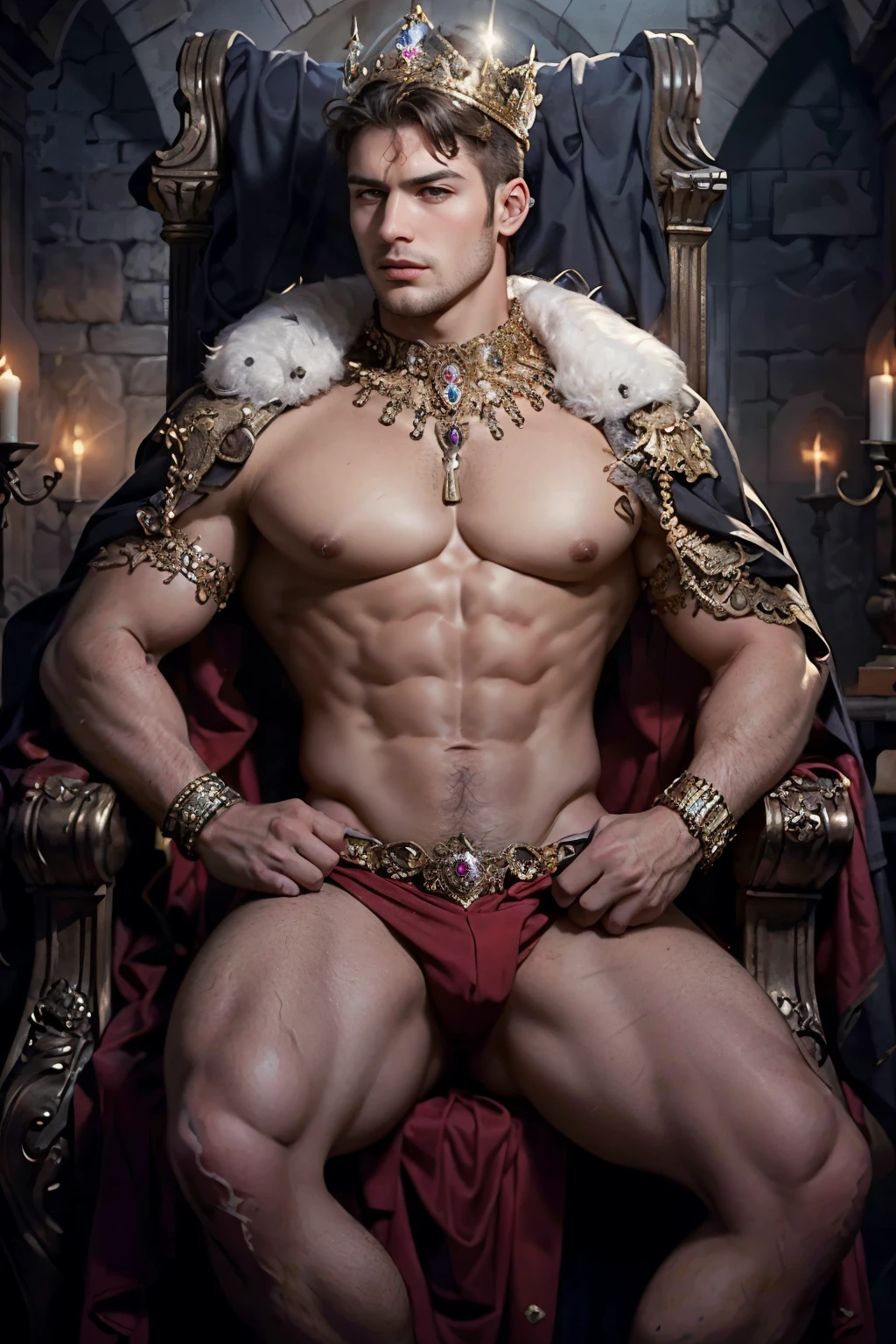 ((masterpiece)), ((best quality:1.2)), High Resolution, 8k, (ultra_realistic:1.3), (photorealistic:1.4), cinematic, dynamic lighting, (detailed background), depth of field, intricate, 8k, detailed skin, (large pectorals:1), pectorals, abs, photo of a handsome man, sexyroyalty, crown, jewelry, necklace, cape, armlet, bracelet, ring, short hair, sitting on throne, medieval castle indoors,