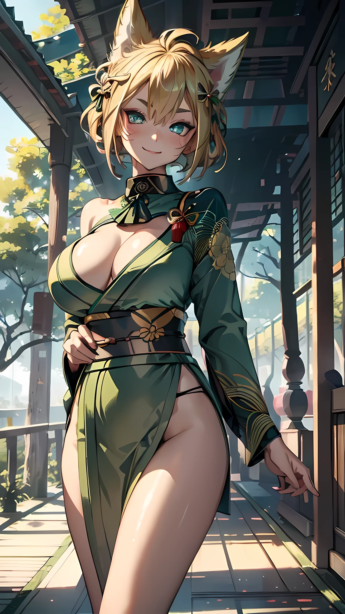 (masterpiece), best quality, expressive eyes, perfect face,(((1 girl))),((green kimono:1.3)),(huge breasts 1.5),(thigh gap 1.5),(bare shoulders),(dog ears),(dog tail),japanese war room,hand on own chest,creamy yellow hair,long wavy hair,cleavage,looking at viewer,smiles, eyeshadows, eye liner,glistening eyes, hyper detailed eyes, intricate eyes, beautiful eye, ((glowing blue pupils))、smilling face,standing,seductive pose