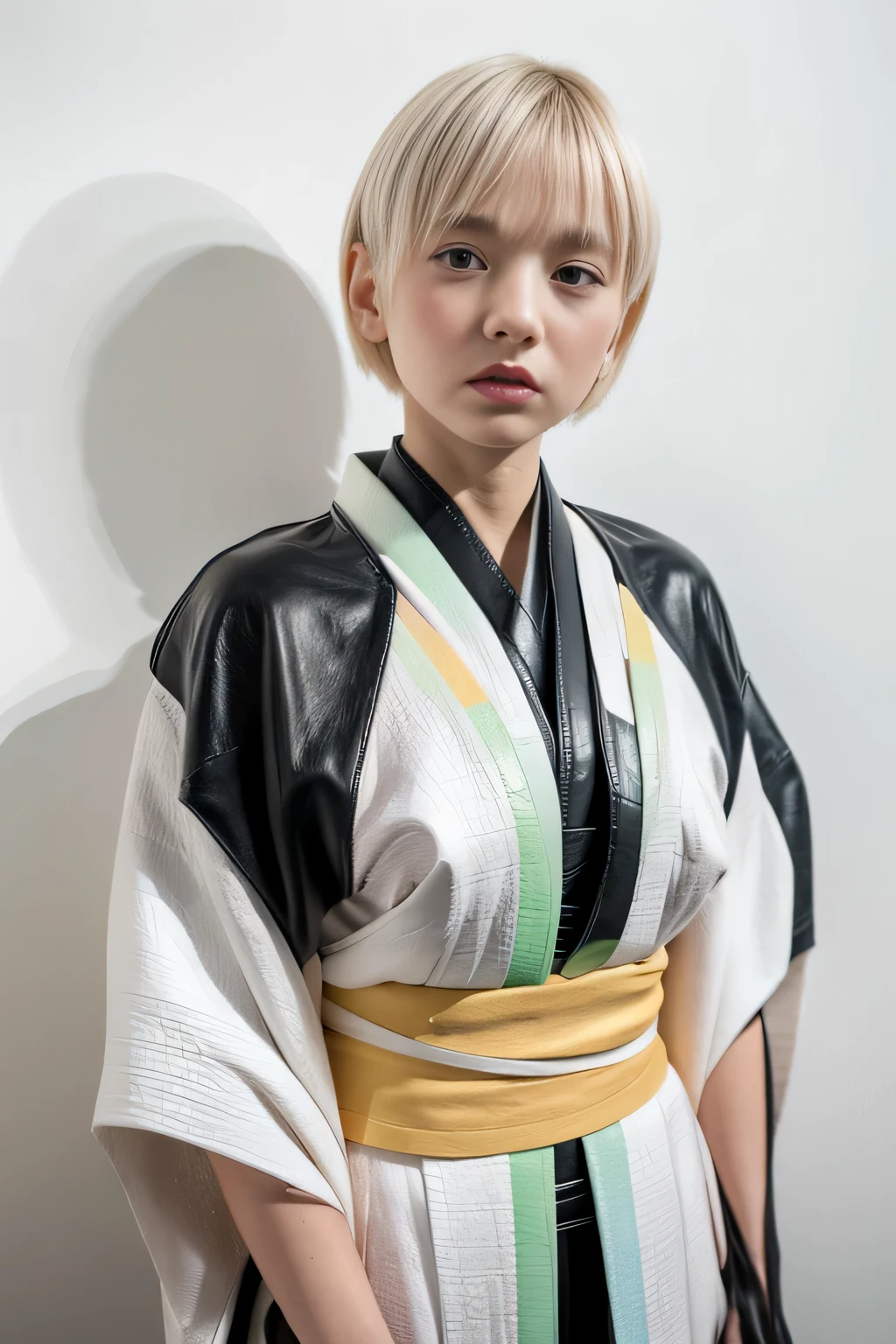 {(white short hair,peaIhair, mismatched pupiIs, gradient hair, SurreaIism, FujicoIor, first person perspective, FujifiIm, 8K, super detaiI, (16k), High resolution, Award history, HD1.3,( rough skin),((white waII background)),fIuorescent coIored Ianterns,((Ieather kimono)),(スタッズが付いた黒いIeather kimono,)I,whoIe body