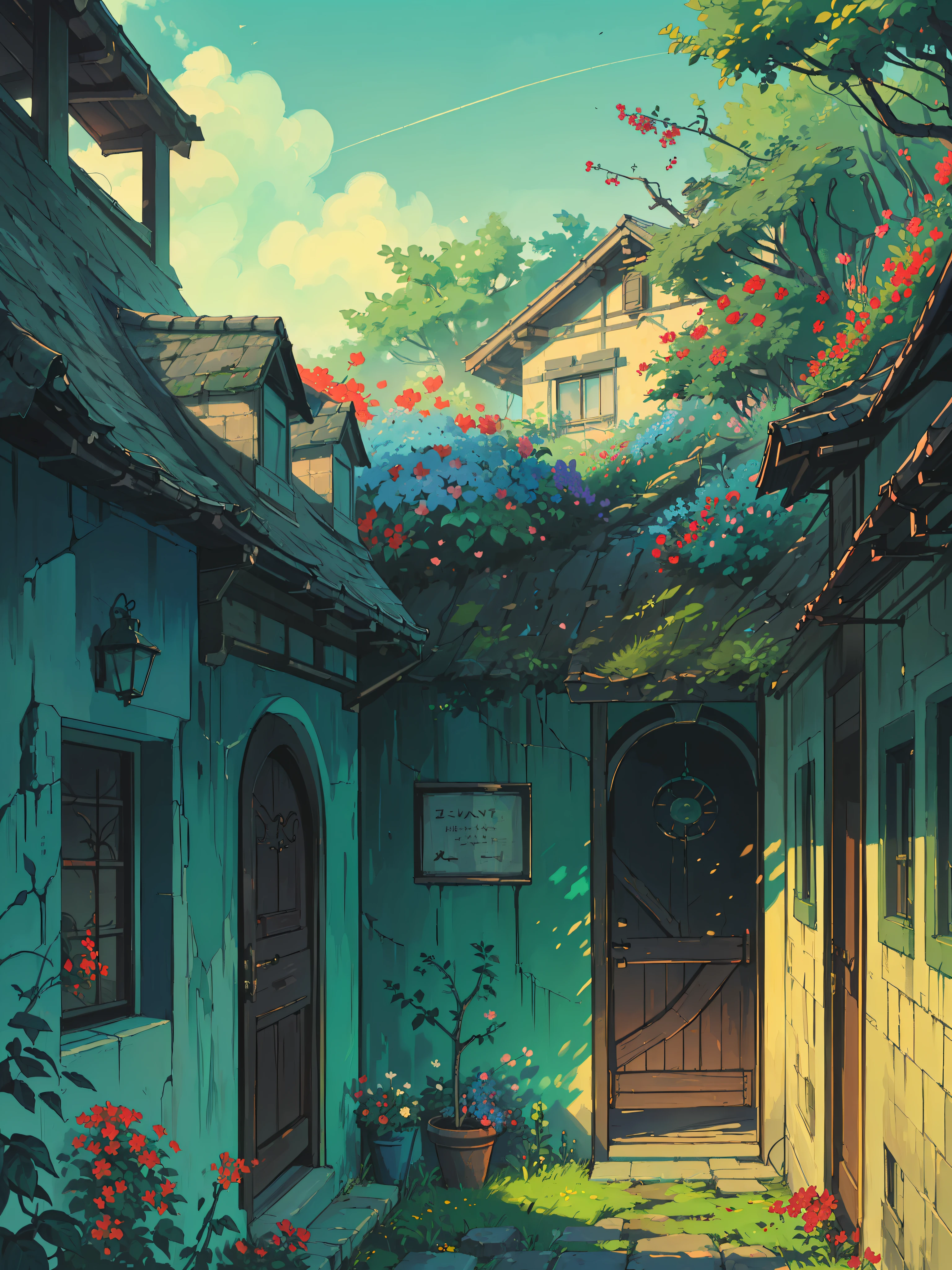 (masterpiece:1), (wide view:1.7),(a blue colored apartment:1.7), (greenery:1.3), (Bougainville flowers:1.6), (metal gate:1.65), silence, (green trees with red flowers:1.5), (bright blue sky:1.5), (soft light:1.4), (red flower bushes:1.5), magnificent sky, (volumetric light:1.2), peaceful, (plat pots:1.4), (aesthetically pleasing:1.5),(bright light:1.3), (long grass:1.3), (green foliage :1.5), (nature:1.4), (beautiful aesthetics:1.2), (bright sunny day:1.8), (shadow:1.4) beautiful tones, subtle colors, peaceful, (illustration: 1.0), epic composition, realistic lighting, (no human:1.6), HD details, masterpiece, best quality, ,