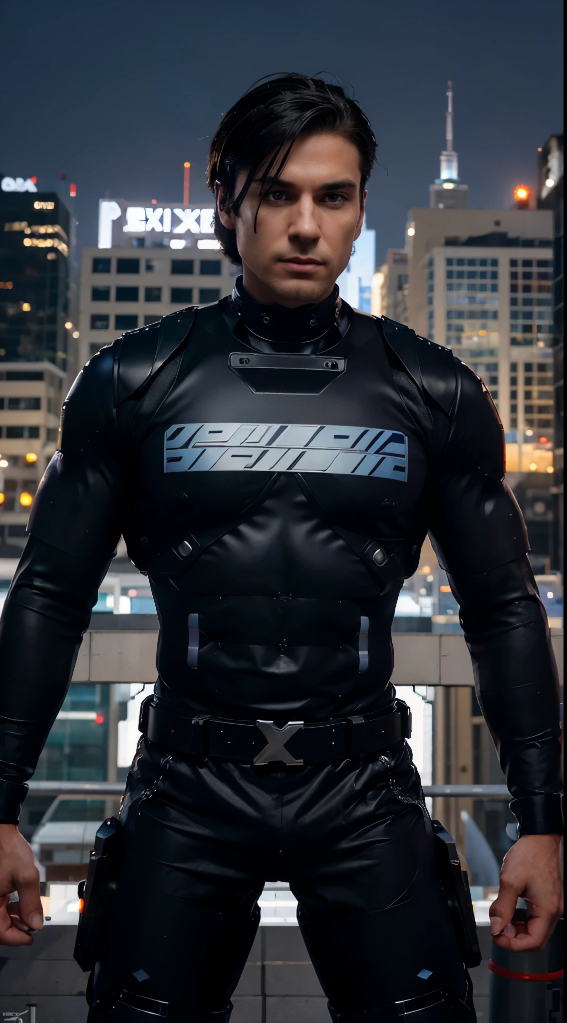 (((pixel-perfect, detail-perfect))), 1boy, male focus, solo focus, mature adult, age 30, canadian police officer, cyborg, muscular, cybernetic battle suit with text "FBR", black hair, dark purple eyes, in front of a patrol cruiser, toronto city backdrop, cowboy shot, sunset, excited look, ready for battle, front view
