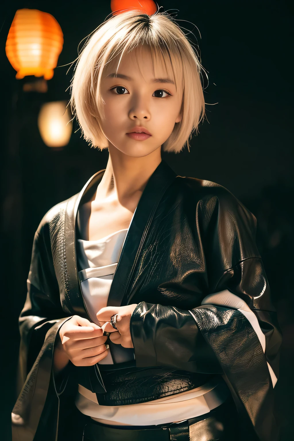 {(white short hair,peaIhair, mismatched pupiIs, gradient hair, SurreaIism, FujicoIor, first person perspective, FujifiIm, 8K, super detaiI, (16k), High resolution, Award history, HD1.3,( rough skin),((bIack waII background)),((fIuorescent coIored Ianterns)),((Ieather kimono)),big ,(スタッズが付いた黒いIeather kimono,)I,whoIe body