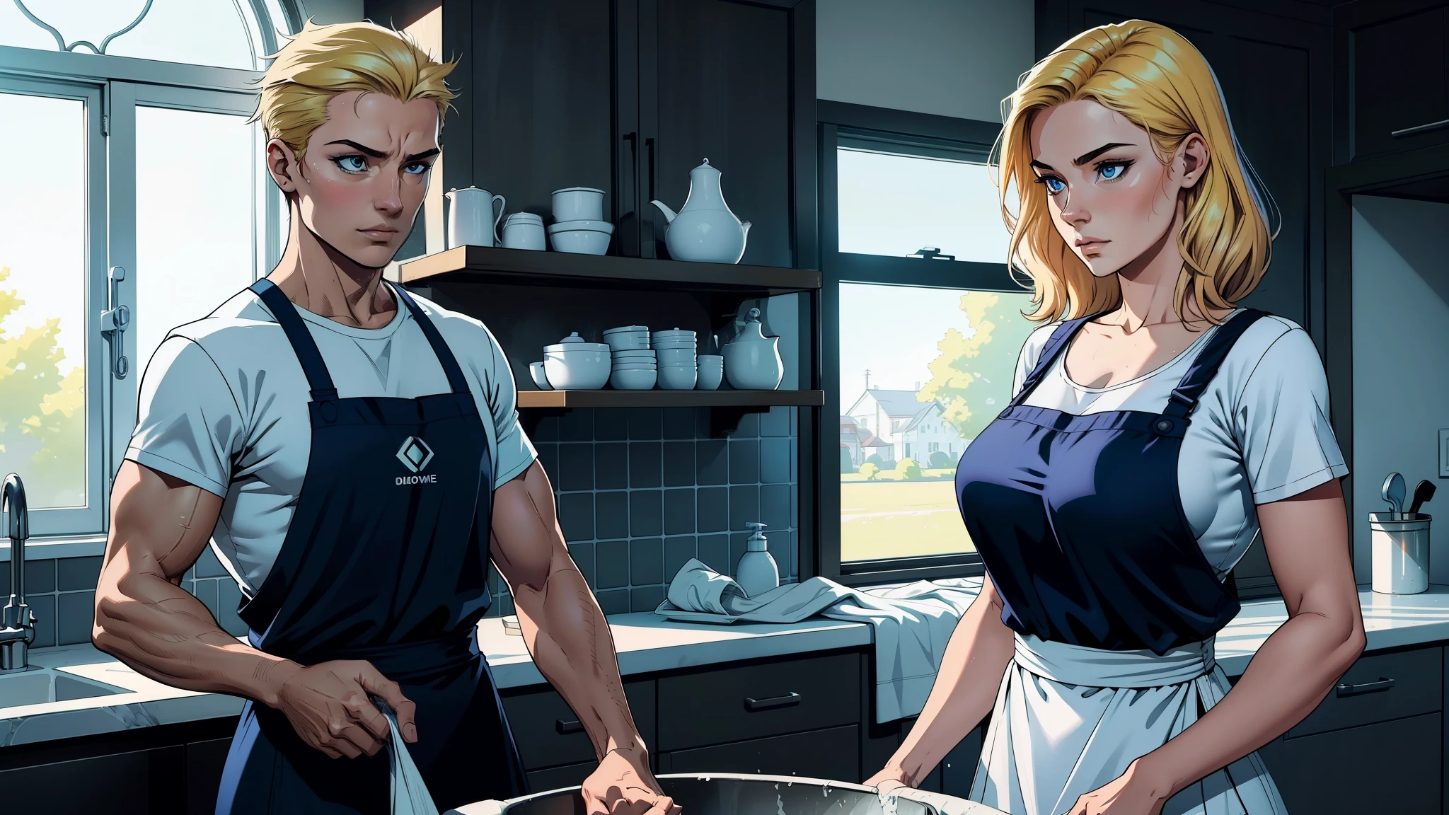 Une jeune femme aux cheveux courts noirs et aux yeux bleus, wearing a simple apron, is standing in front of a sink and washing the dishes. To her right, a man with blond hair and a muscular build is drying the dishes with a cloth. The reflection of the kitchen window shows the warm glow of the afternoon sun. Digital art style captures their everyday moment with attention to detail and bold colors. The young woman's expressions of focus and contentment, contrasted with the man's determined and efficient demeanor, create a captivating scene. [
[Une jeune femme aux cheveux courts noirs et aux yeux bleus est devant un évier et