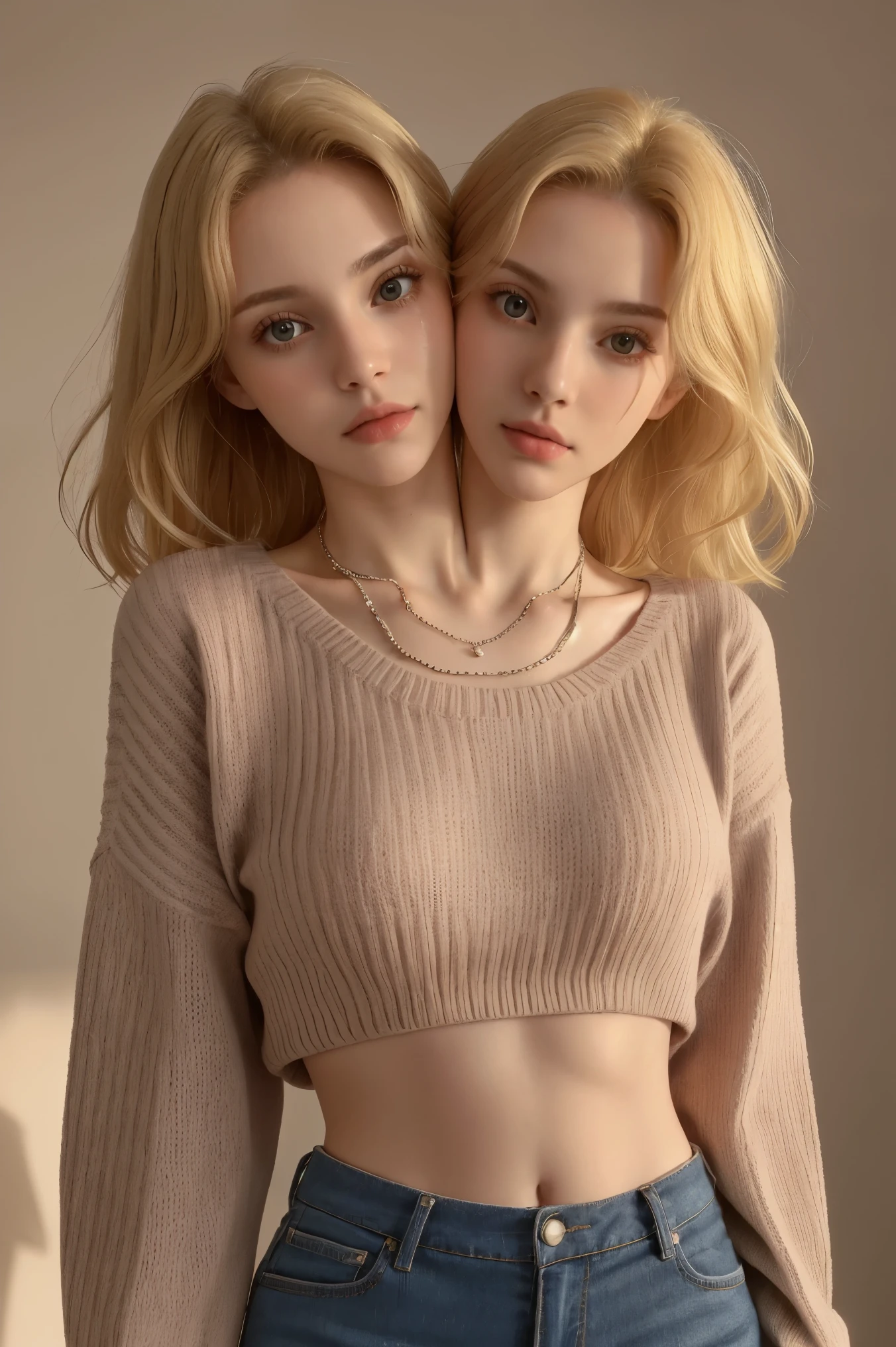 4k, 8k, ultra highres, raw photo in hdr, sharp focus, intricate texture, skin imperfections, realistic, detailed facial features, highly detailed face, posing, standing,perfect lighting, necklace, caucasian women, (fashion),Peachmilky1, blonde hair,sweater, midriff, conjoined_dicephalus, (two heads:1.2)