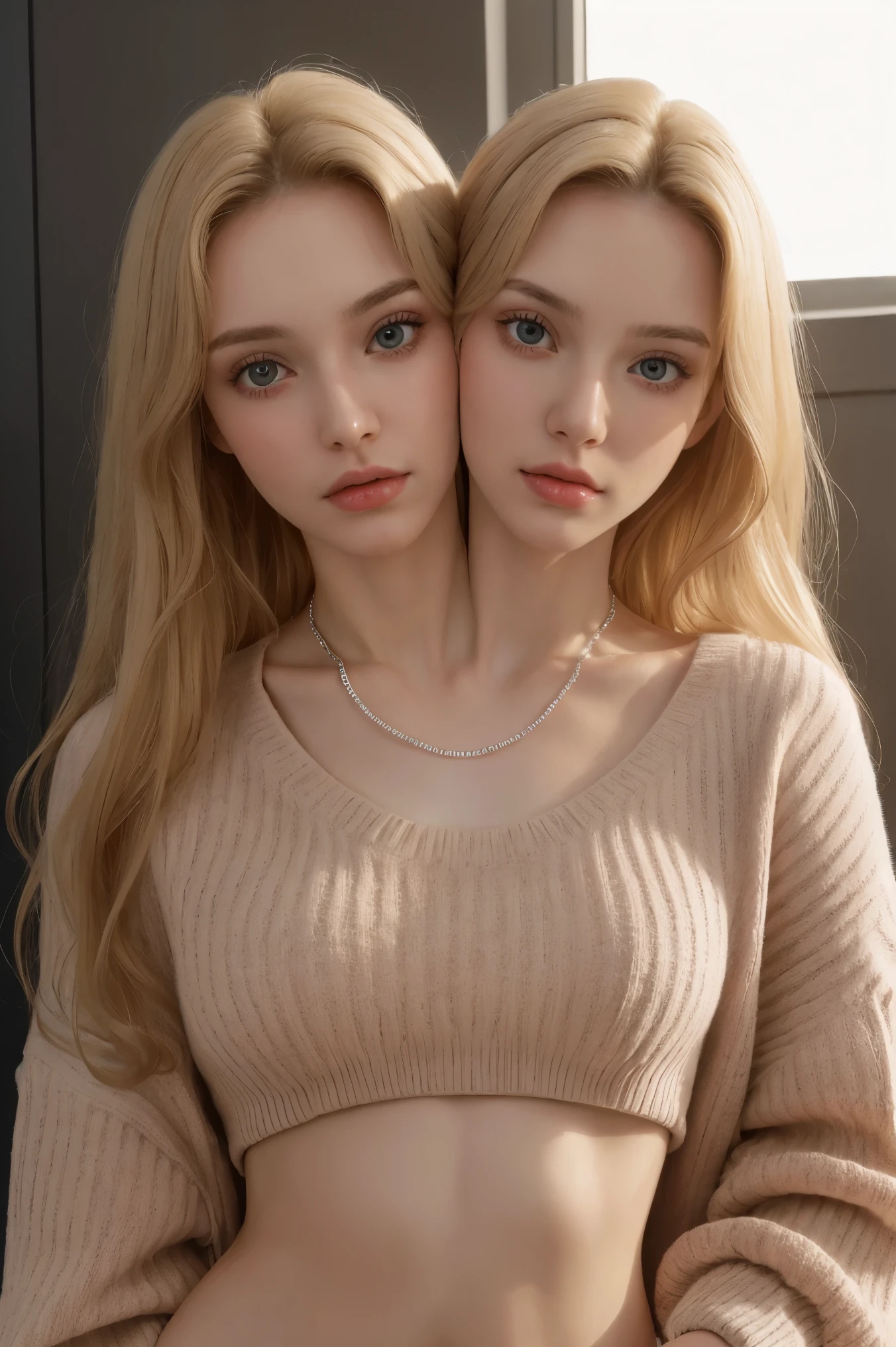 4k, 8k, ultra highres, raw photo in hdr, sharp focus, intricate texture, skin imperfections, realistic, detailed facial features, highly detailed face, posing, standing,perfect lighting, necklace, caucasian women, (fashion),Peachmilky1, blonde hair,sweater, midriff, conjoined_dicephalus, (two heads:1.2)