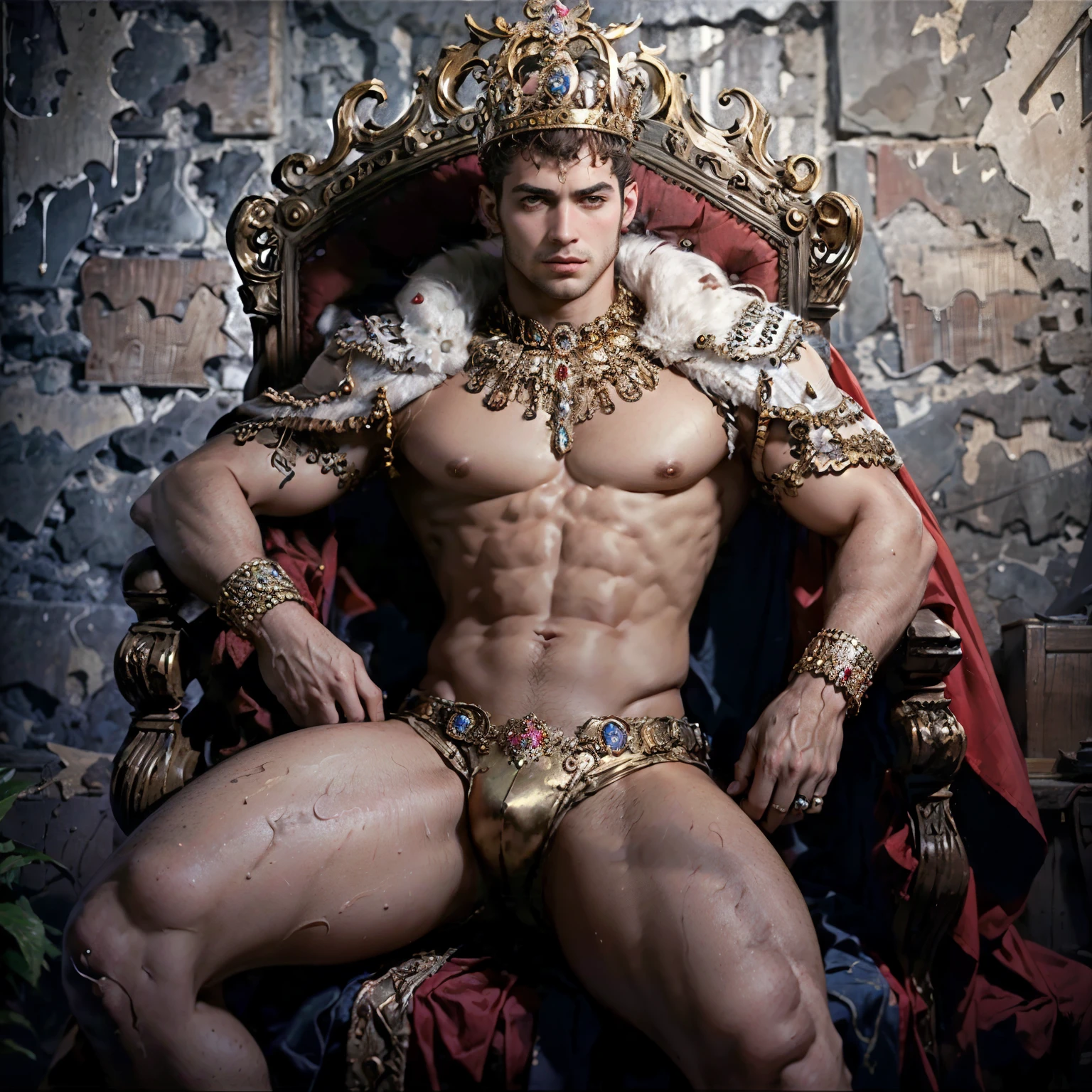 ((masterpiece)), ((best quality:1.2)), High Resolution, 8k, (ultra_realistic:1.3), (photorealistic:1.4), cinematic, dynamic lighting, (detailed background), depth of field, intricate, 8k, detailed skin, (large pectorals:1), pectorals, abs, photo of a handsome man, sexyroyalty, crown, jewelry, necklace, cape, armlet, bracelet, ring, short hair, sitting on throne, medieval castle indoors,