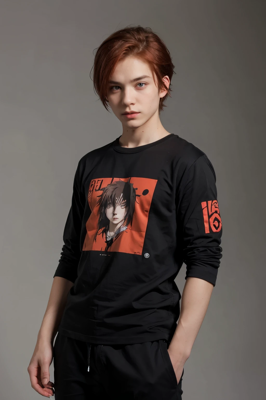 anime boy with red hair and red eyes full boy with black design