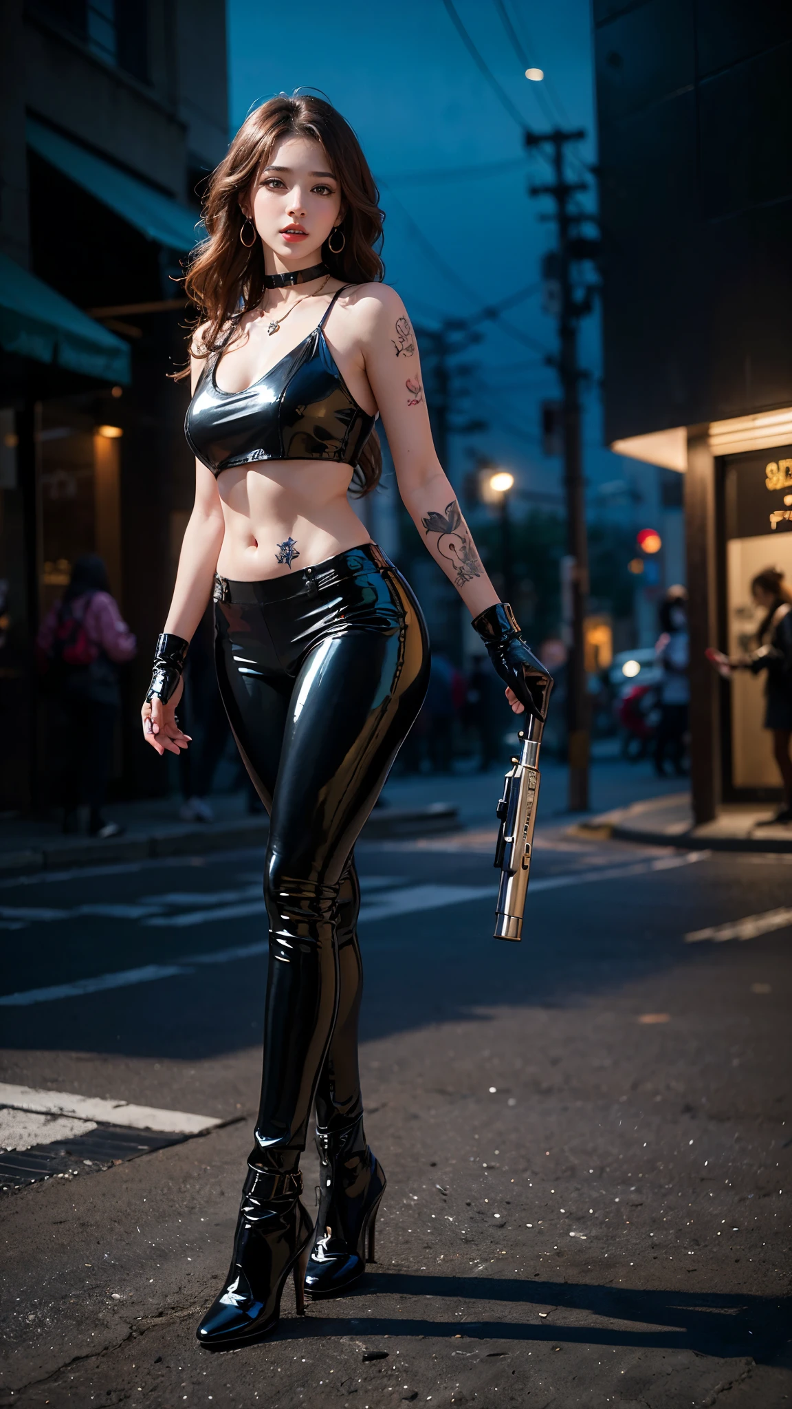 Harley Quinn, (((whole body))),super muscular build and average breasts.,wearing an open black leather vest..,There is a black leather belt at the waist, tight pants, and heavy boots, She has a punk rock look and an asymmetrical bob hairstyle... Harley Quinn inspired makeup....., Hyper-realistic close-up photograph of Harley Quinn, masterpiece, Best quality, (photorealistic:1.4), post-apocalyptic peace. Pay attention to subtle details, Sharp Focus, NSFW.