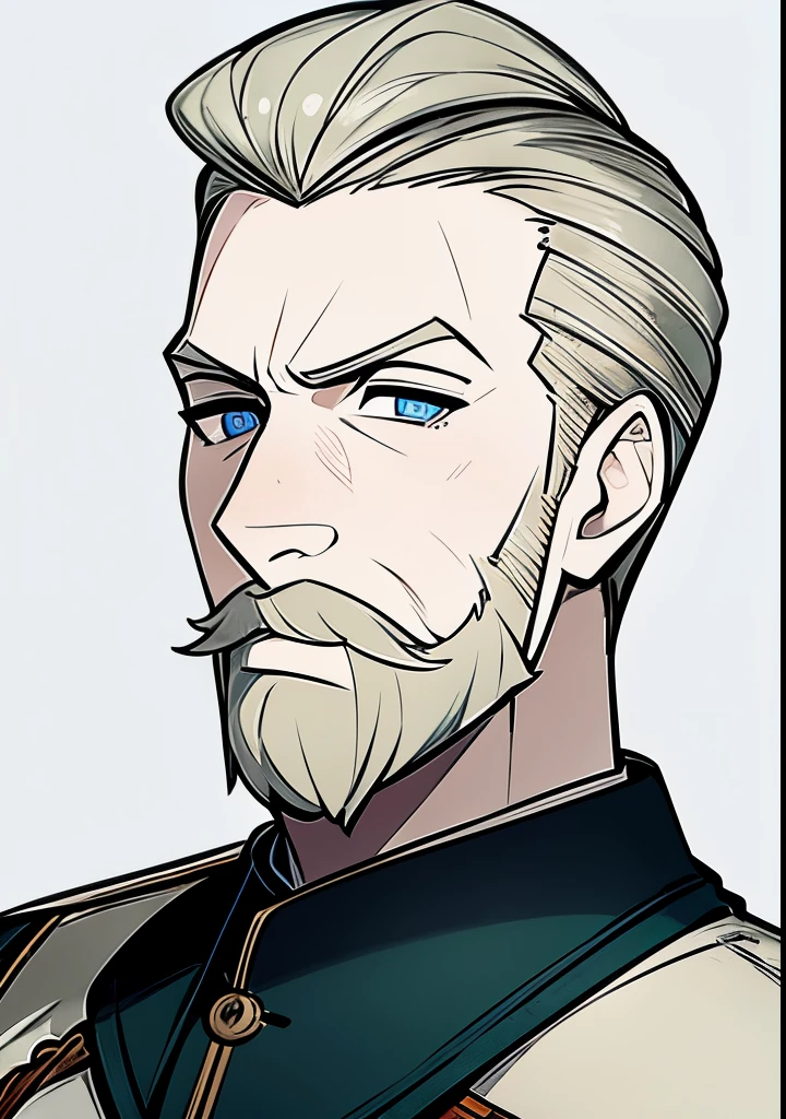 Adult male, white and tender skin, pale blonde slicked back combed short hair, kaisermustache and a ducktail beard, steel blue eyes, green and slightly mature, serious and emotionless facial expression,wearing world war 2 era german fatigues, portrait style, facing forwards