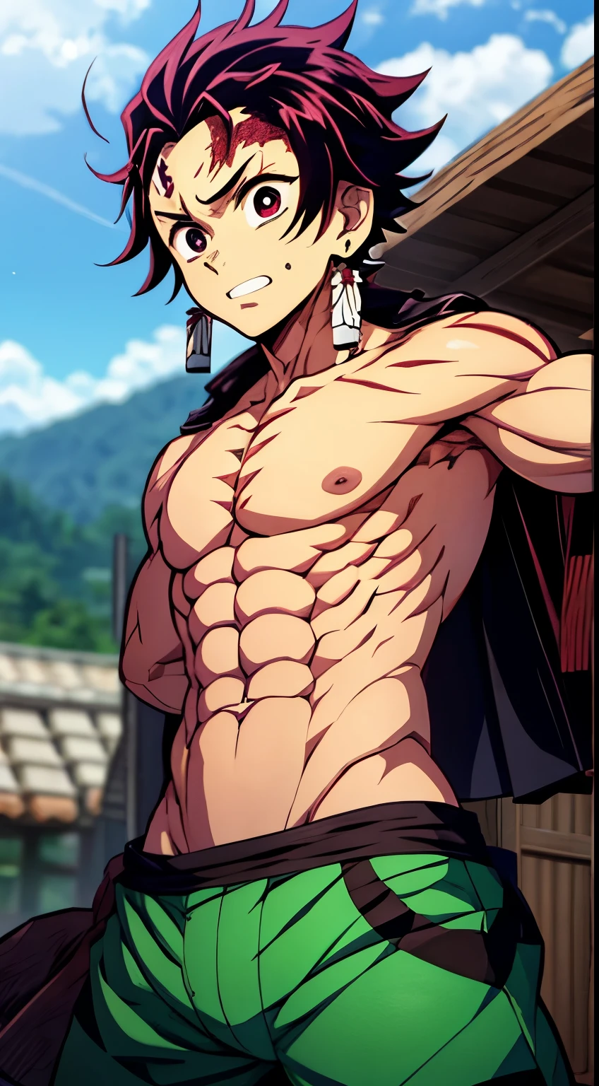 Anime guy Kamado Tanjirou shirtless
6 pack abs and strong arms