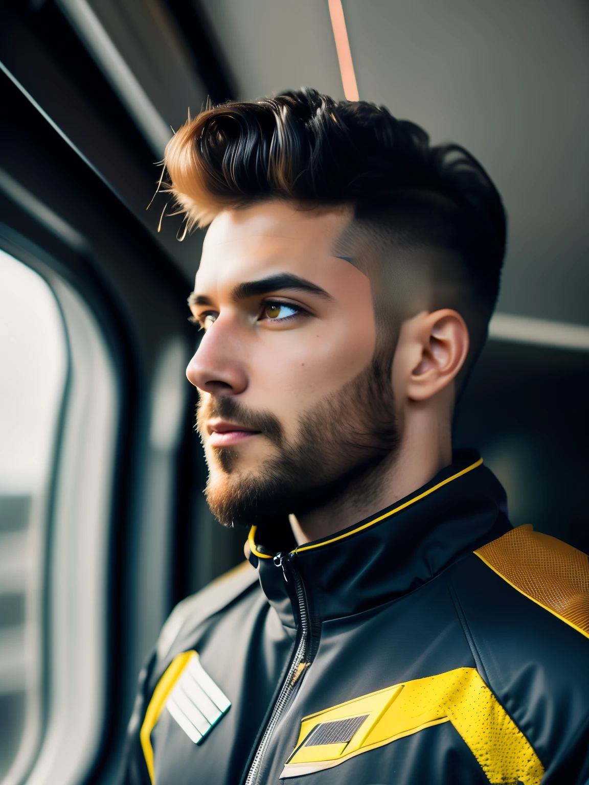 porra_Science fiction, foto premiada de um homem, black flight suit with yellow details, Cabelo castanho, (olhos cinzentos:1.35), queixo quadrado, asymmetrical face, Standing in front of a window on a spaceship, 80mm, Bokeh, Efeito em massa, fechar-se, porra_cinema_v2