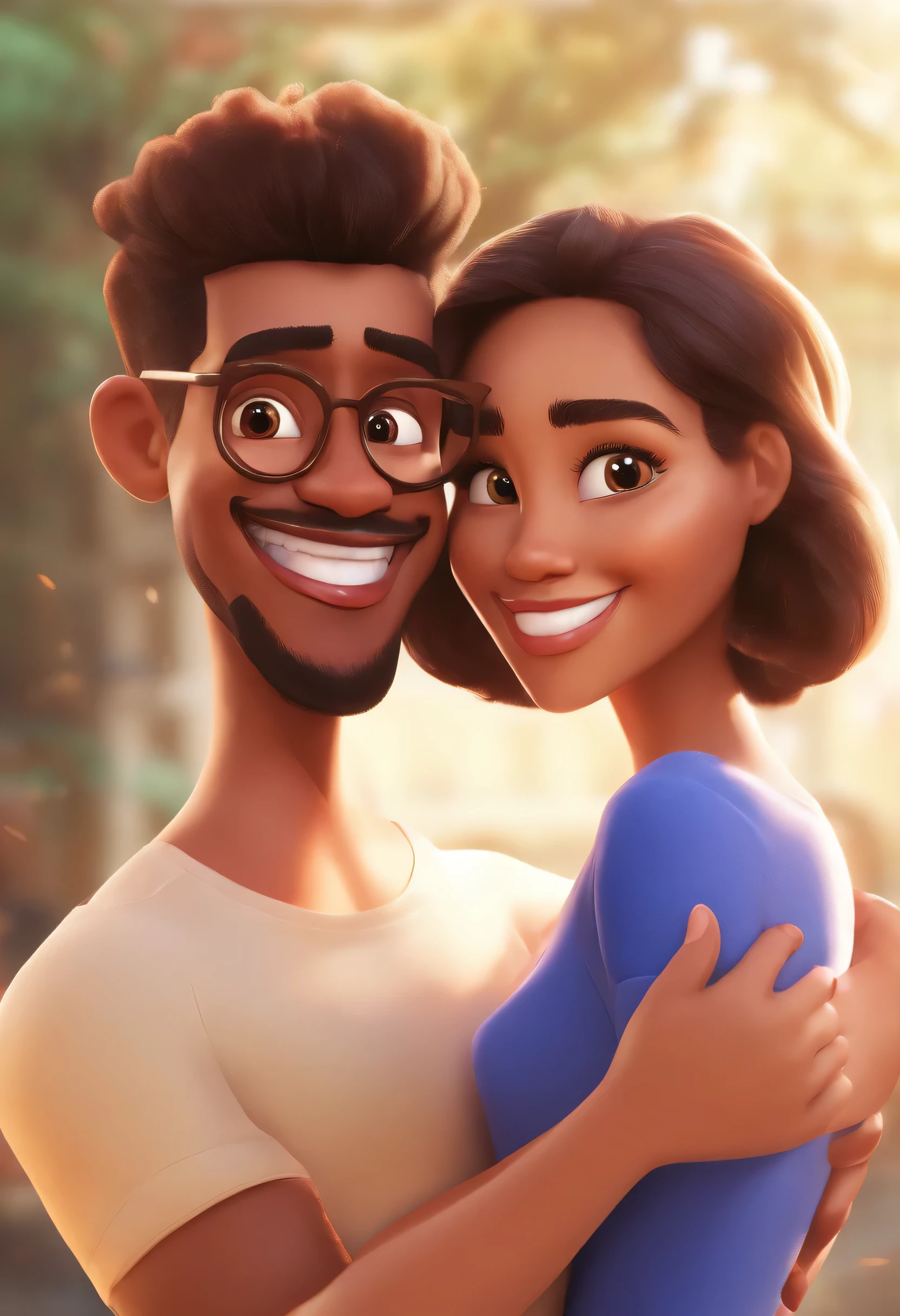 An illustration of an adorable couple., Destacado para un hombre mulato regordete con gafas sonrientes y una mujer morena con hermosos ojos expresivos: la piel del hombre es mulata y el cabello del hombre tiene, while the woman's skin is black and the woman's hair is straight and brown. They are a bright room, cada uno con una sonrisa en la cara, y compartir un momento especial caracterizado por el amor, Perspectivas. Illustrate this scene from a perspective where they are facing the camera., Smiling and showing your connection. Desarrolla este arte en Full HD, Focus on your cinematic touch, Estilo Disney Pixar Animations