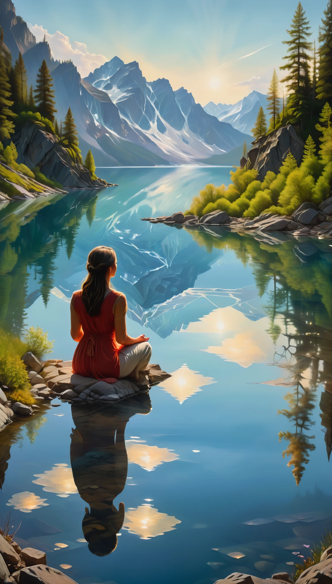 In the tranquil stillness of nature, a woman contemplatively gazes into the reflective surface of a crystal-clear lake, her image mirrored in its depths with remarkable realism and detail, the serene surroundings and her introspective expression harmoniously merging in this moment of quiet reflection.