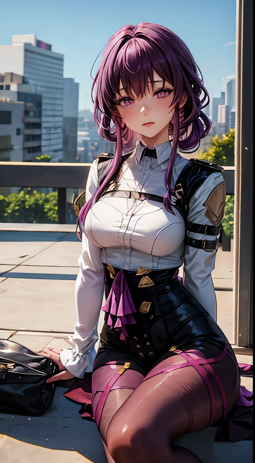 Purple colored hair，Sexy uniforms，Purple pantyhose，without wearing shoes，duck sitting，sat on the ground