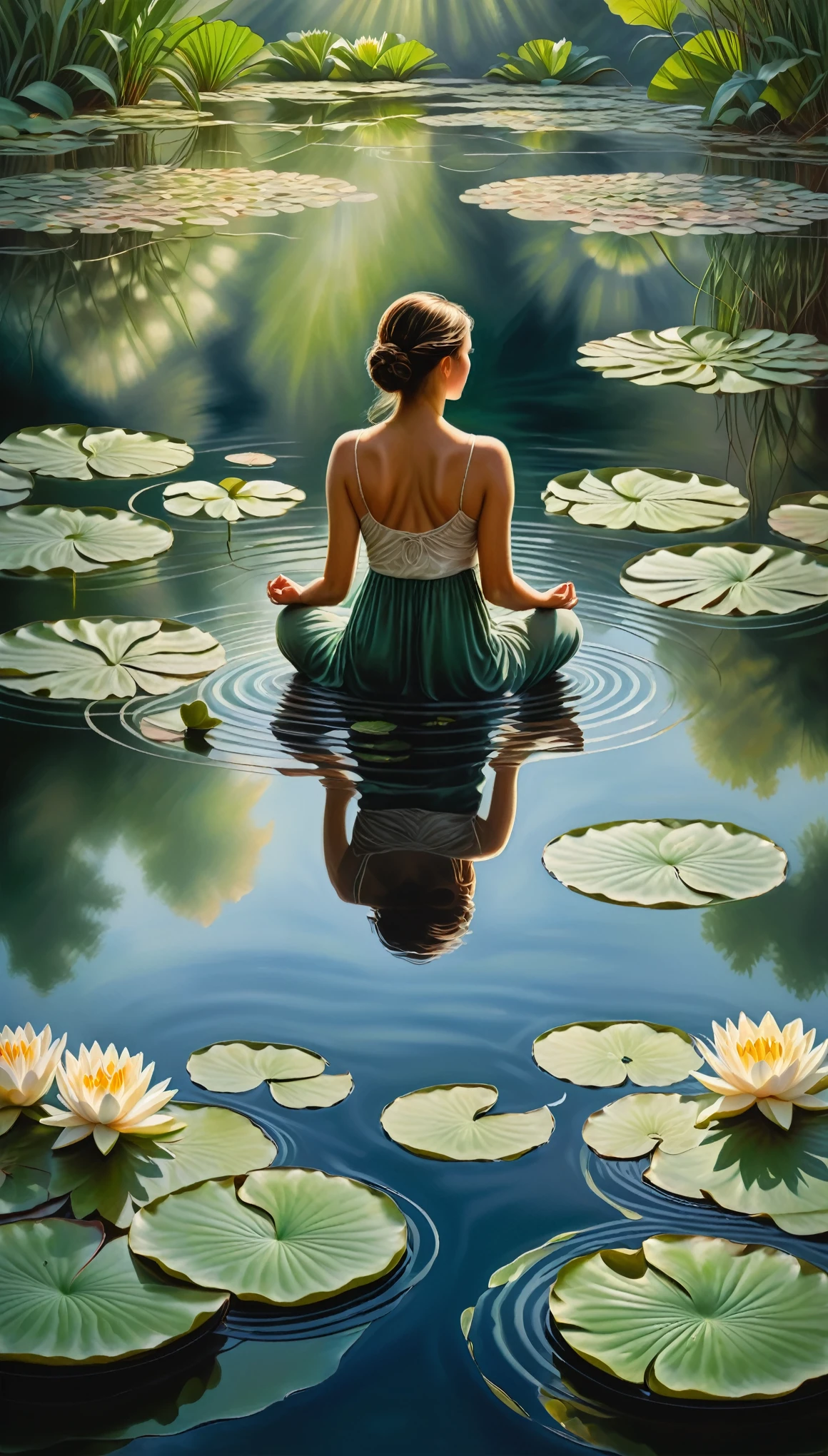 A woman, her reflection pensively studying her features in a tranquil, still lake, flanked by lily pads and ripples caused by the gentle breeze. Capture the realistic and detailed intricacies of their likenesses in harmonious balance.