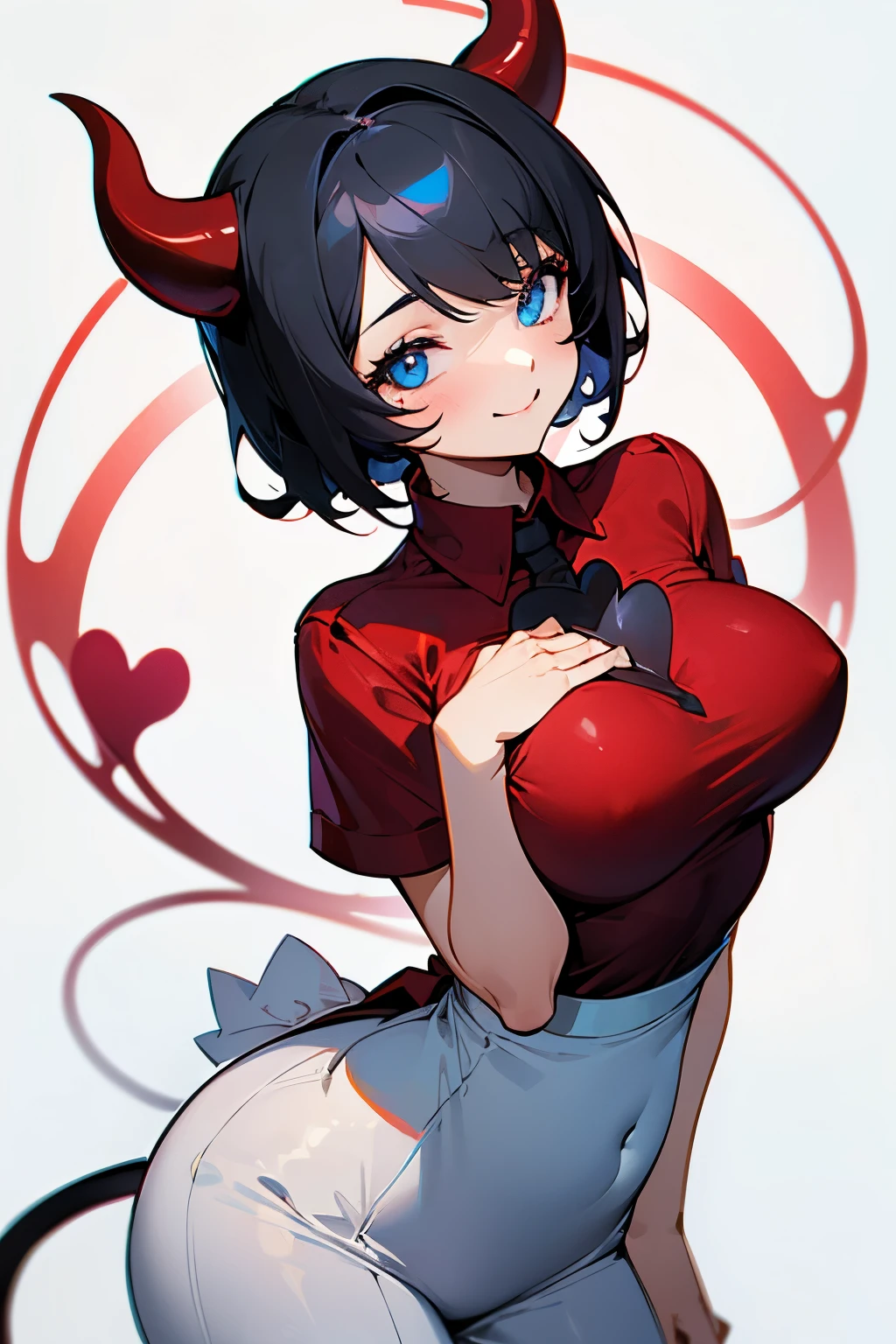 Girl, short black hair, circle above her head, light blue eyes, melting smile, large breasts exposed from the top, tight red shirt with short sleeves, neck exposed to the chest, sexy, maid clothes, devil tail, hearts