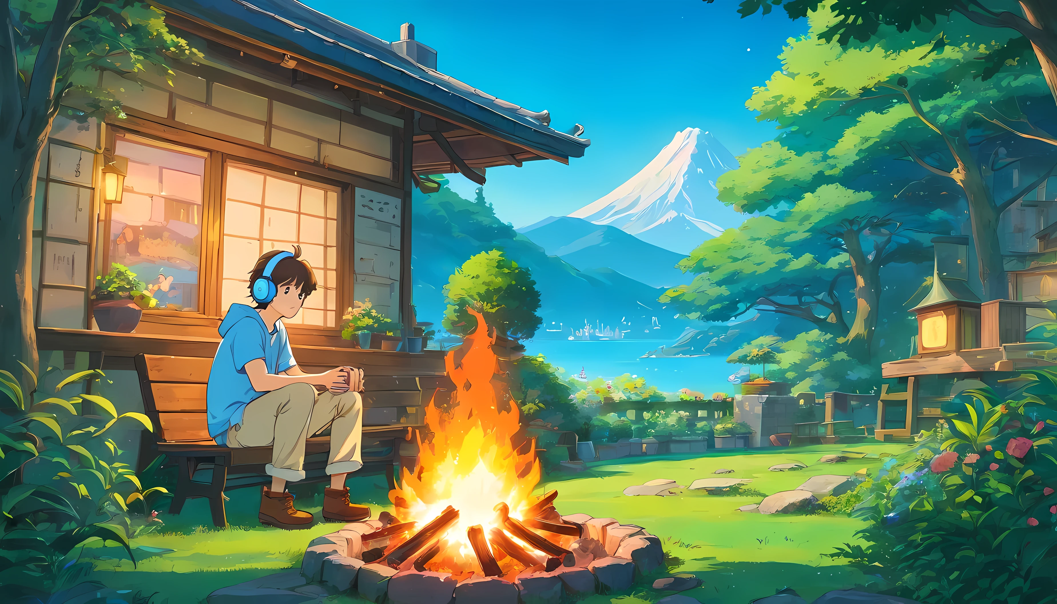 (best quality,4k,highres:1.2),ultra-detailed,realistic,colorful lighting, night lights, Analog Color Theme, Lo-Fi Hip Hop , retrospective, flat, 2D ,Draw a line, Ink Drawing, Large slope, Watercolor painting, Goosch Colors, Studio Ghibli Style, Awesome colorful, Outer Ton, krautrock, lofi art, 70s style,Old texture, amplitude,psychedelic vibe, masterpiece, Tremendous technology, anime style 4k, detailed digital anime art, anime style portrait, anime style. 8k, anime more artstyle, anime boy, high quality anime artstyle, digital anime illustration, realistic anime artstyle, digital anime art, anime art wallpaper 4 k, anime art wallpaper 4k, (Lofi), A man sitting beside the campfire of an garden house, Wear headphones, wearing brown boot shoes,White Tshirt Blue Hoodie, beige jeans.