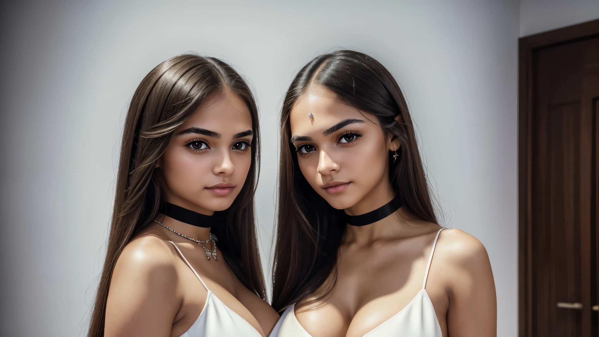 ((Beautiful) 2 attractive cute young women), very_cute, choker, (big breasts:1.4), (small_nose:1.2, thin_nose:1.5, delicate_nose:1.5, pointed_nose_tip:1.5, symmetric_nose), round_chin:1, short_jaw:1, round_jaw:1, long_hair, straight_hair, (brown_eyes:1.5, mahogany_brown_eyes:1), cheek_dimples:1.3, round_cheeks:1.2, (very_small_eyebrows:1.5), (Masterpiece, 8K, best quality, highres:1.5), cowboy shot:1.5, looking_at_viewer:1.5, body_looking_at_viewer:1.5, black_photoshoot:1, white_room:1, white_backdrop:1.5, standing, provocative_body_posture:1.5, flirting_facial_expression, wearing white_straplesini_dress), short_woman, small_woman, skin_texture:1.2