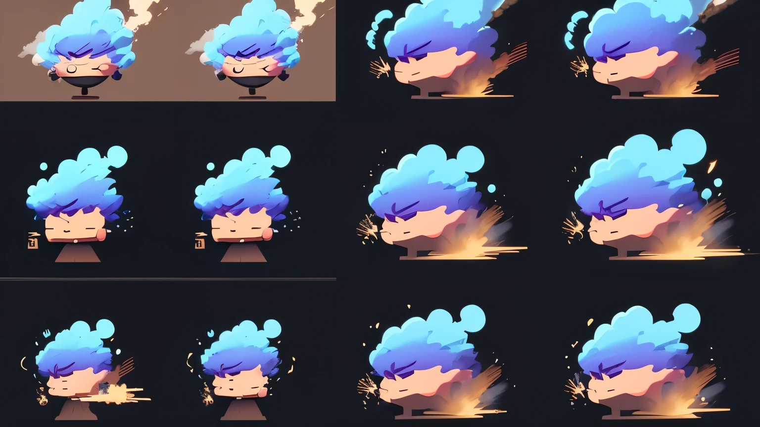 Magic smoke explode process animation sprite sheet. Cartoon clouds, steam vfx explosion animated shot, sequence frame. Puff effect movement storyboard motion, vector flash boom isolated elements set