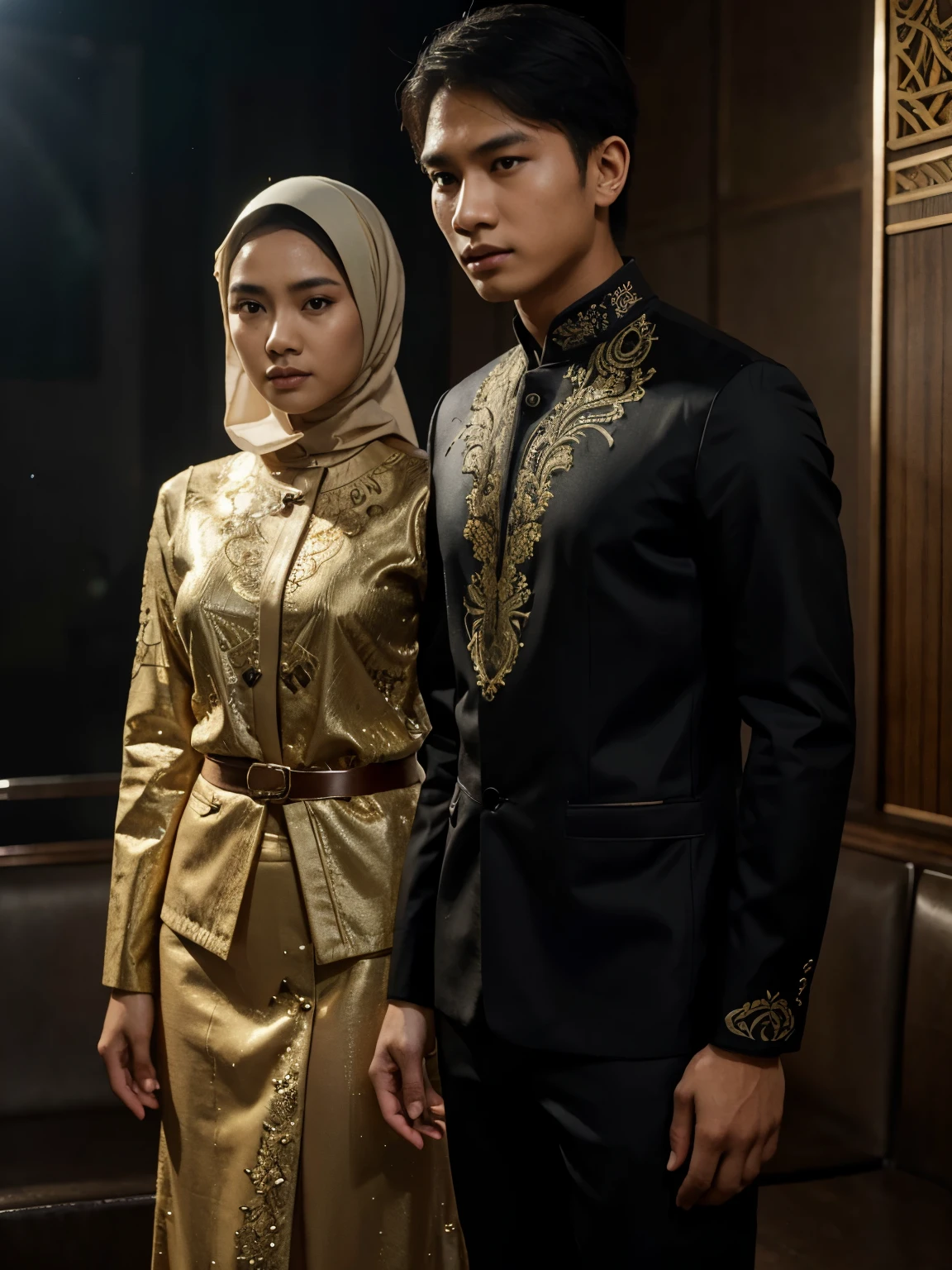 a young Indonesian man stands posing next to a young Indonesian woman. beautiful young woman, Hijab, black kebaya. best quality, realistic, photorealistic, (intricate detail: 1.2), (fine detail), (cinematic light), clear lines, sharp focus, realistic face, detailed face, unity 8k wallpaper, very high resolution, (photorealistic: 1.4), He was looking at the audience