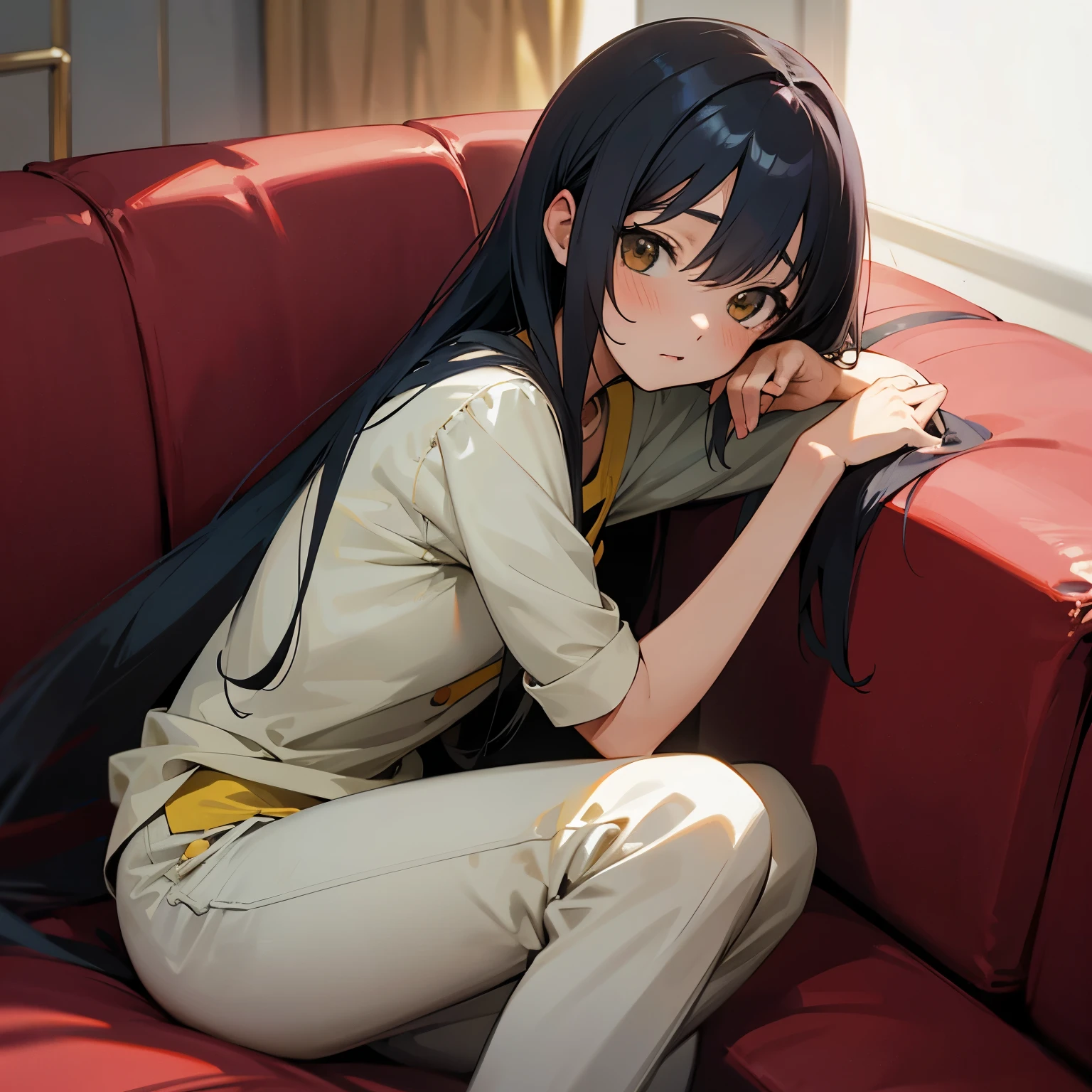 Chica anime,13 years, sentada en el sofa, muslos grandes, cabello corto