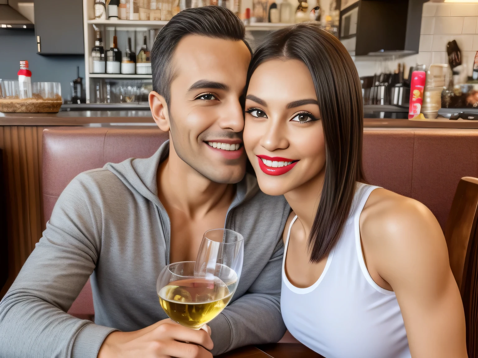 A couple sitting at the table with a glass of wine, mom and dad, happy couple, in São Paulo, profile image. Woman in good physical shape. A woman with white skin and dark hair. She is about 35 years old. Her slightly plump red lips are like a delicate flower, her dark brown eyes seem to contain a world of wonders. Slim body. thin waist. Her body exudes glamor and her face is a definition of beauty. highly realistic, STILL, slightly plump lips, pink lipstick, Smile, feeling of lightness and joy, Hyper-realism, very elaborate skin, look. fitness woman. sharp photo, high quality, high resolution, art, 8k.