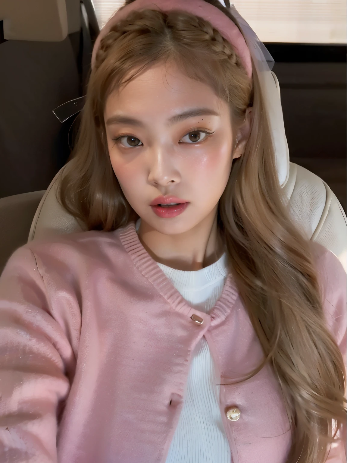 Arafed woman with long hair wearing a pink sweater and a headband, parque roseanne de blackpink, jennie rosa negro, portrait of jossi de blackpink, ulzzang, jossi de blackpink, Jaeyeon Nam, aparcar desde-min, tzuyu de dos veces, heonhwa choe, kim doyoung, sha xi, Lalisa Manoban de Blackpink, Jennie blackpink 