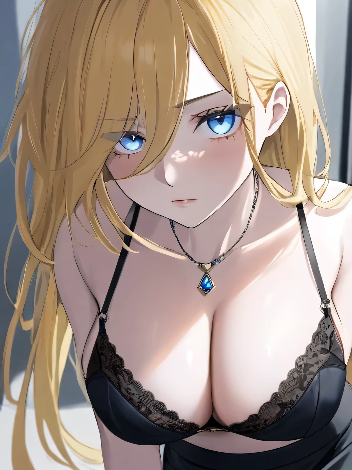 kelolinde,1girl,jewelry,breasts,skirt,solo,shirt,pencil skirt,black skirt,bra,cleavage,pantyhose,necklace,looking at viewer,holding,black bra,yellow hair,blue color eyes, detail face, detail hair, detail eyes,unfriendly face