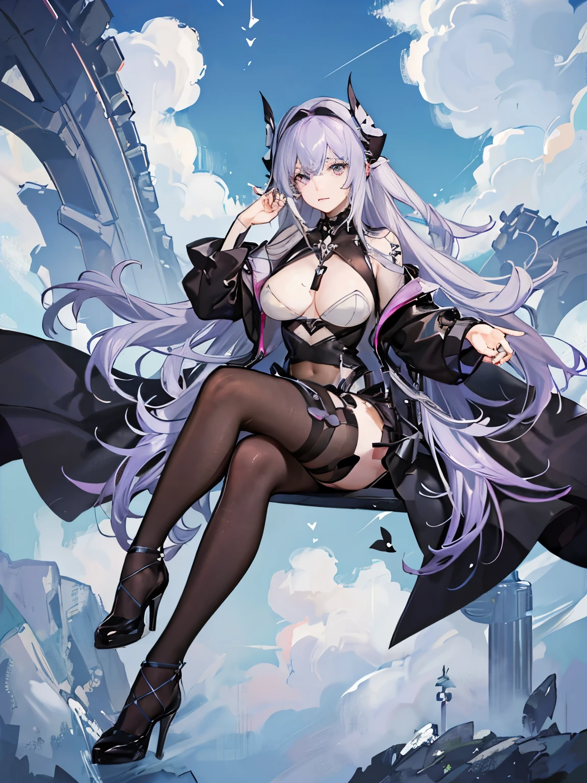 Uma garota,huge grayish purple hair hitting the smooth foot,pale skin with some slightly pink patches,She is wearing a tight black bodysuit and black fishnet stockings. Ela tem cintura fina quadril largo coxa grossa e peitoral grande,ela tem os olhos cinzas,and has a neutral face, Looking up at the sky 