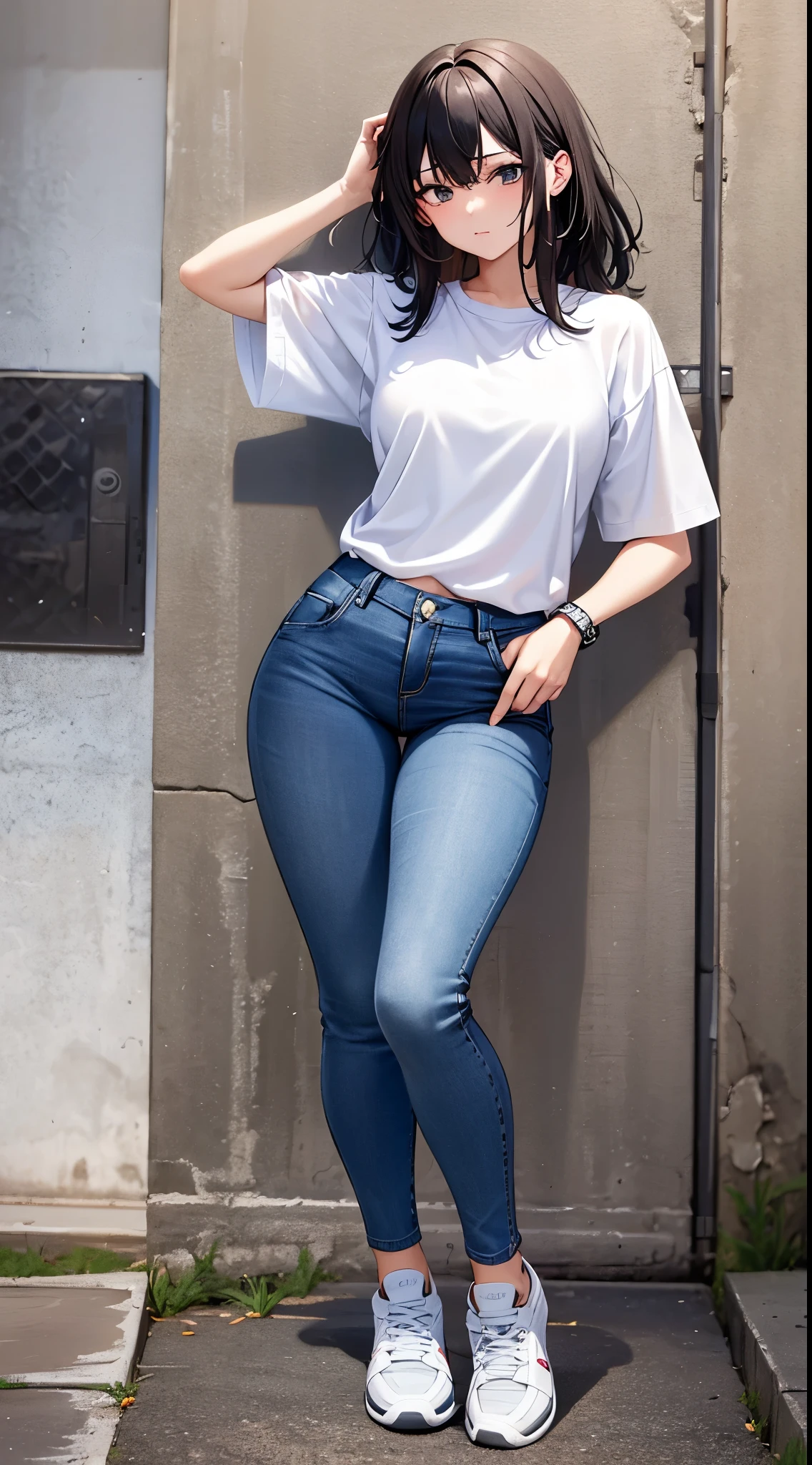 1 girl, medium hair color black, eyes color black light skin, body type thin, 160cm, age 18 years old, wearing white shirt and blue long jeans and white tennis shoes, pose stand looking to front,