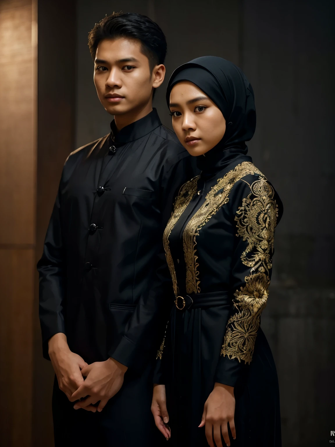 a young Indonesian man stands posing next to a young Indonesian woman. beautiful young woman, Hijab, black kebaya dress. best quality, realistic, photorealistic, (intricate detail: 1.2), (fine detail), (cinematic light), clear lines, sharp focus, realistic face, detailed face, unity 8k wallpaper, very high resolution, (photorealistic: 1.4), He was looking at the audience